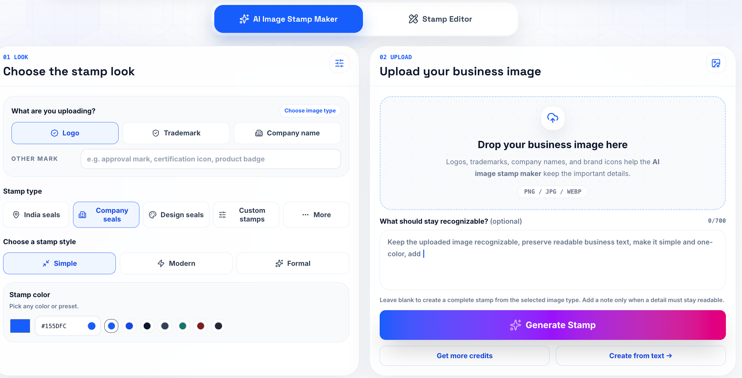 AI image stamp generator prompt interface with stamp preview