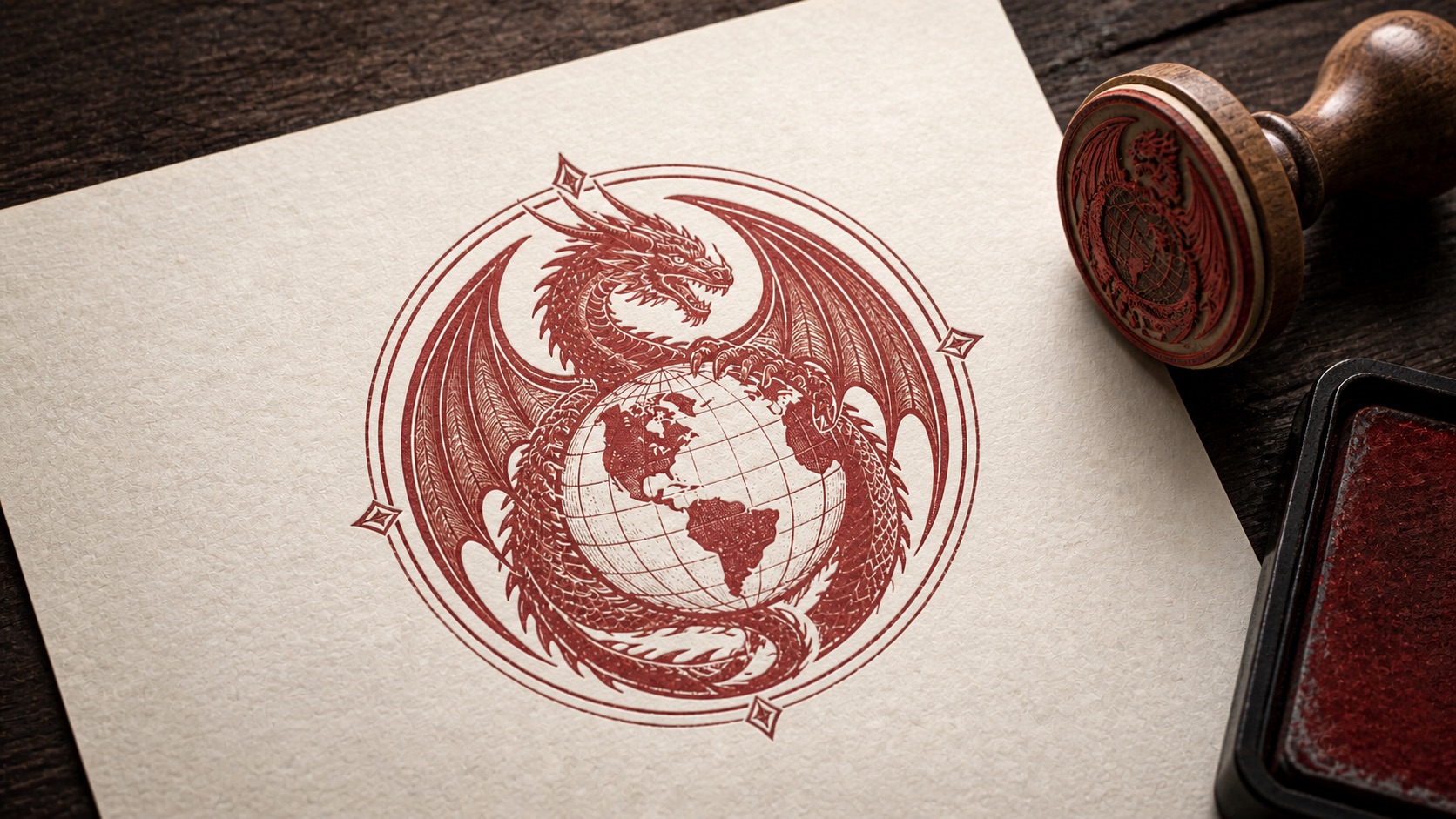 A matching dragon-and-globe emblem simplified into a red one-color rubber-stamp impression