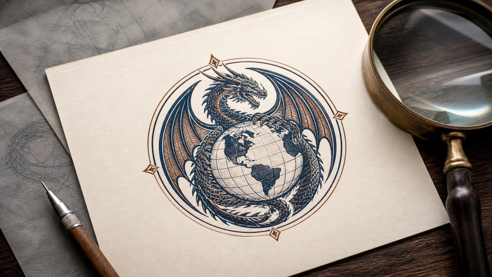 A detailed blue-and-copper dragon-and-globe source emblem printed on textured paper for review