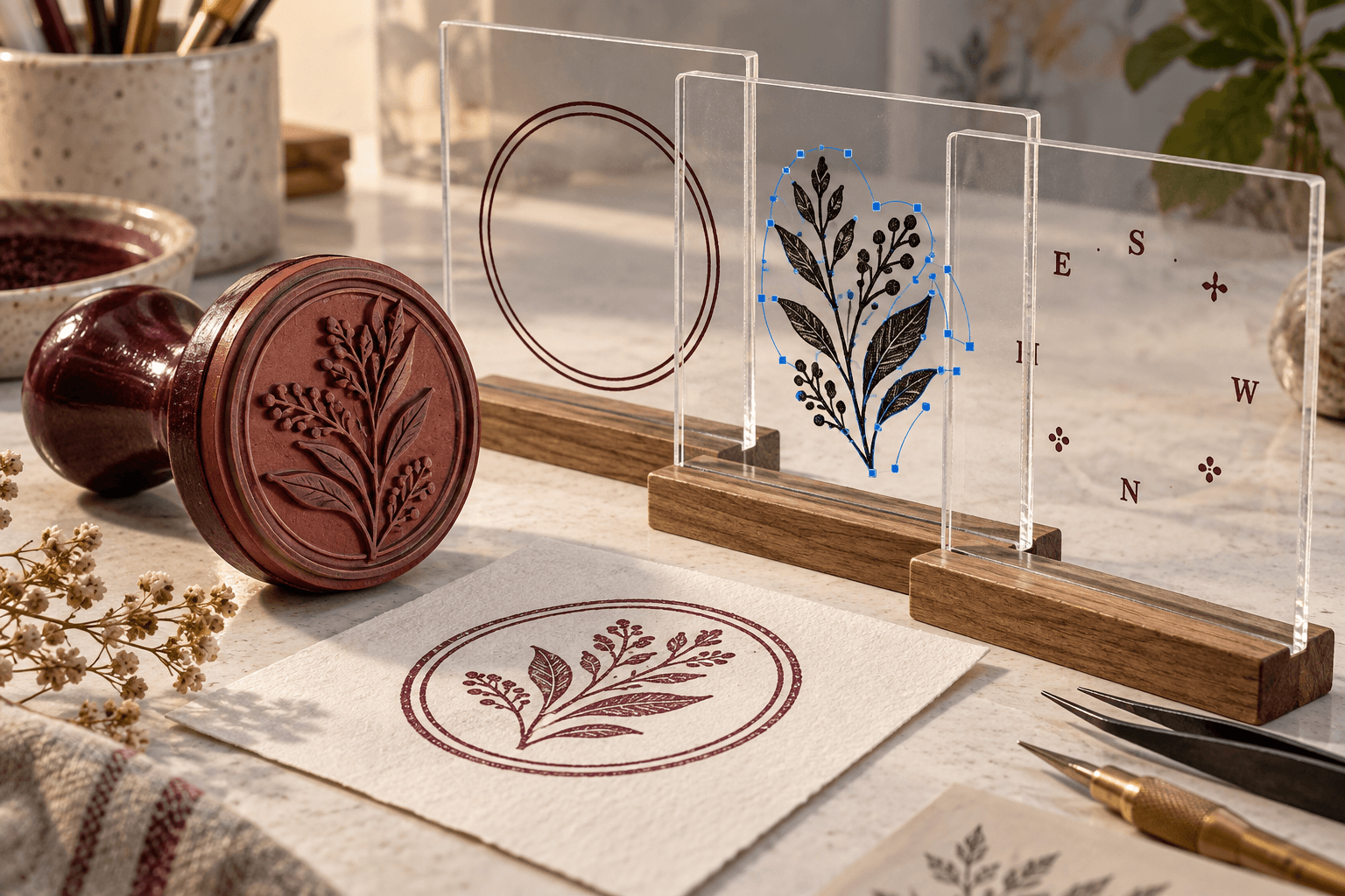 Conceptual stamp artwork separated across translucent layers with visible vector control points
