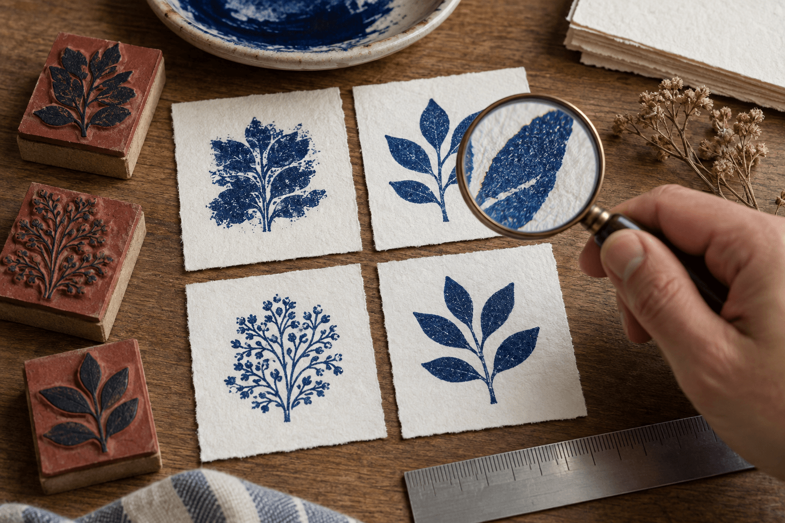 Illustrated inspection of detailed and simplified botanical stamp impressions through a magnifying glass