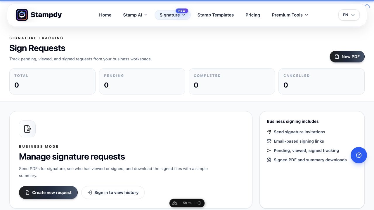 Stampdy request workspace showing request totals, status categories, and the path to signed PDF records