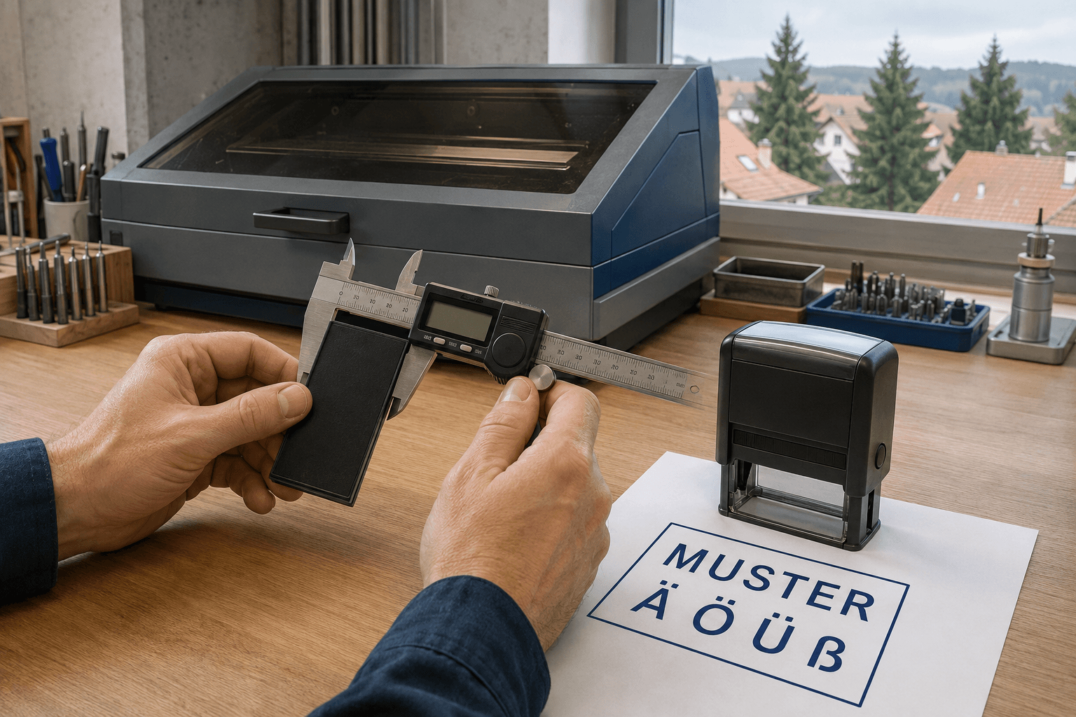 Maßkontrolle einer Stempelplatte mit einem Messschieber neben einem deutschen Schriftmuster und einem geschlossenen Lasergerät