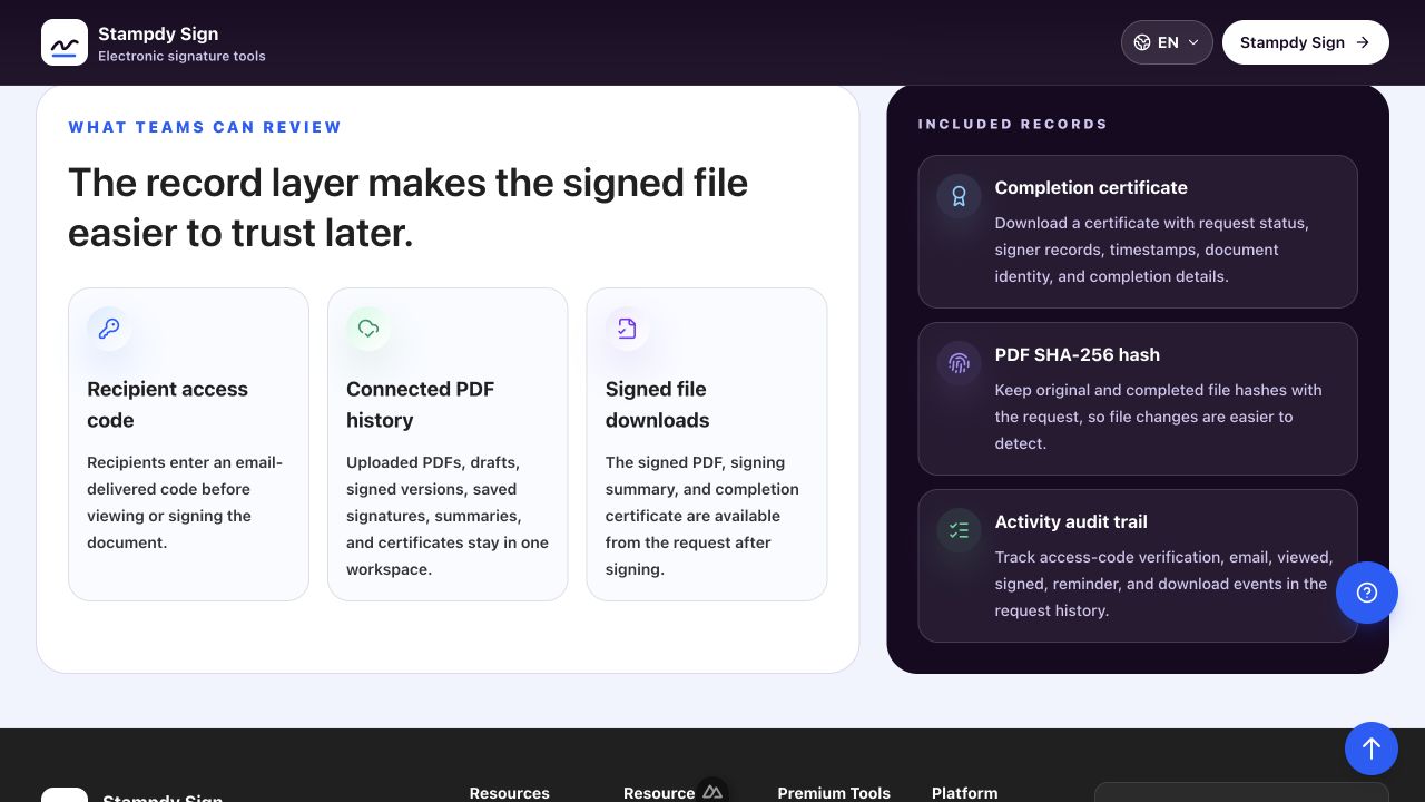 Stampdy record overview showing completion certificates, PDF hashes, and activity audit trail details