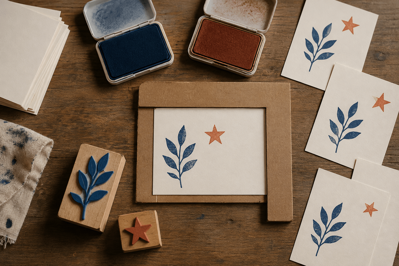 Two wooden stamps, separate ink pads and a card seated in a cardboard corner jig