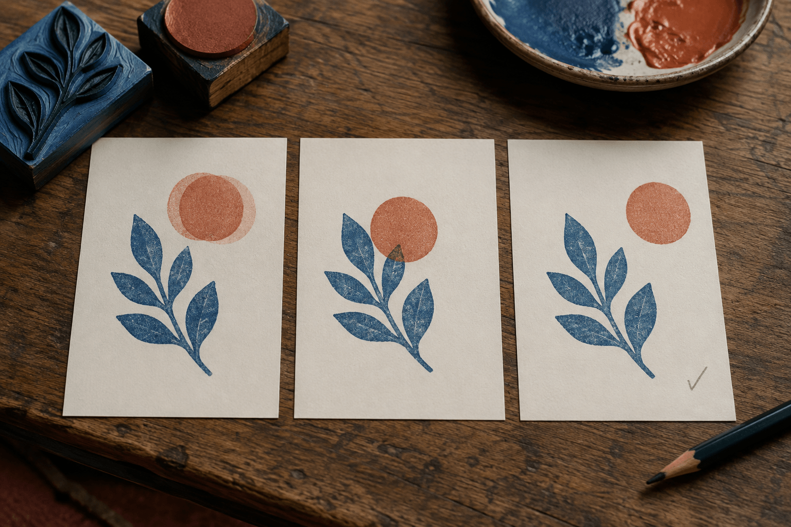 Three paper proofs show a doubled impression, misplaced accent and clean two-color spacing