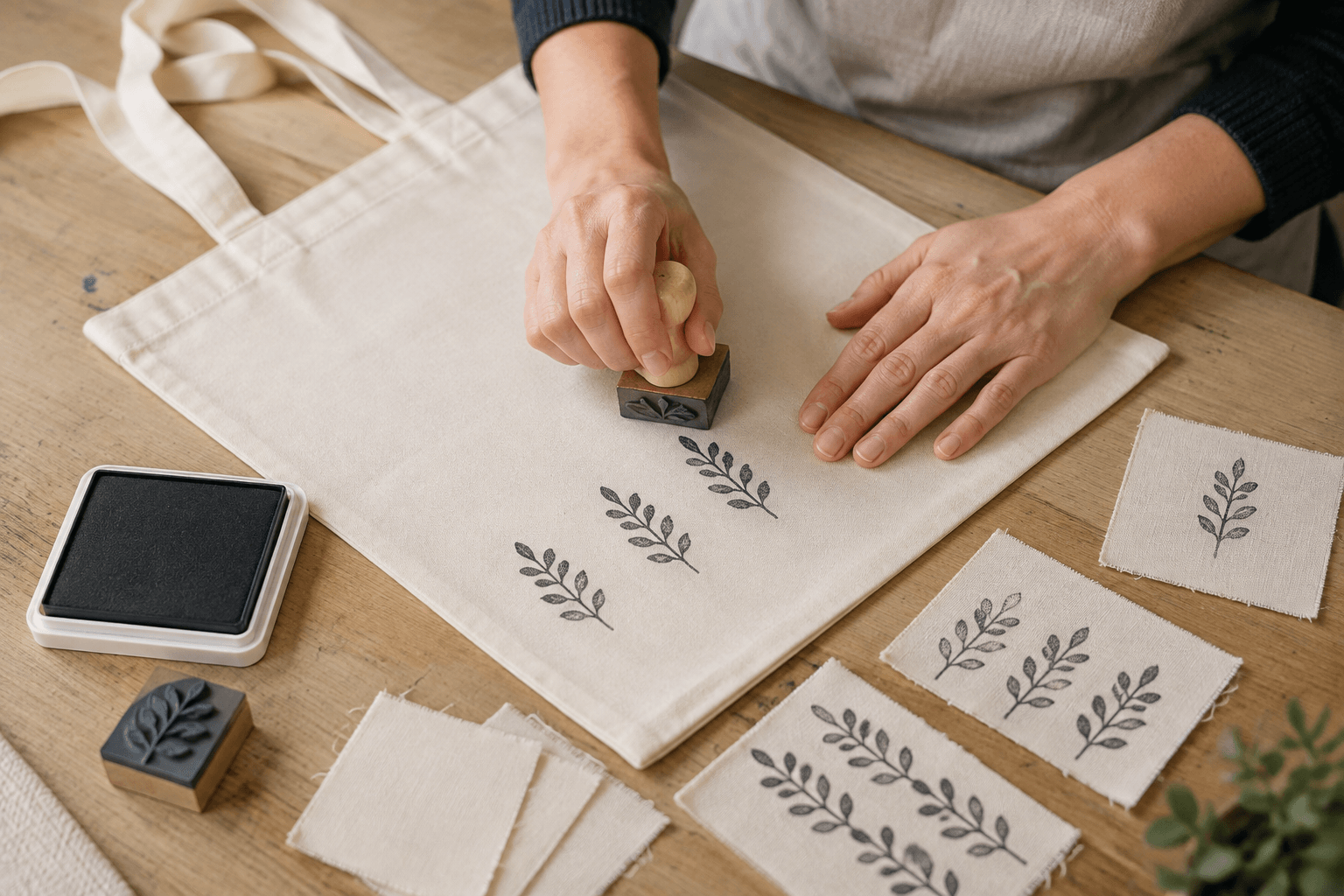 Hands applying a botanical rubber stamp to a cotton tote beside test swatches