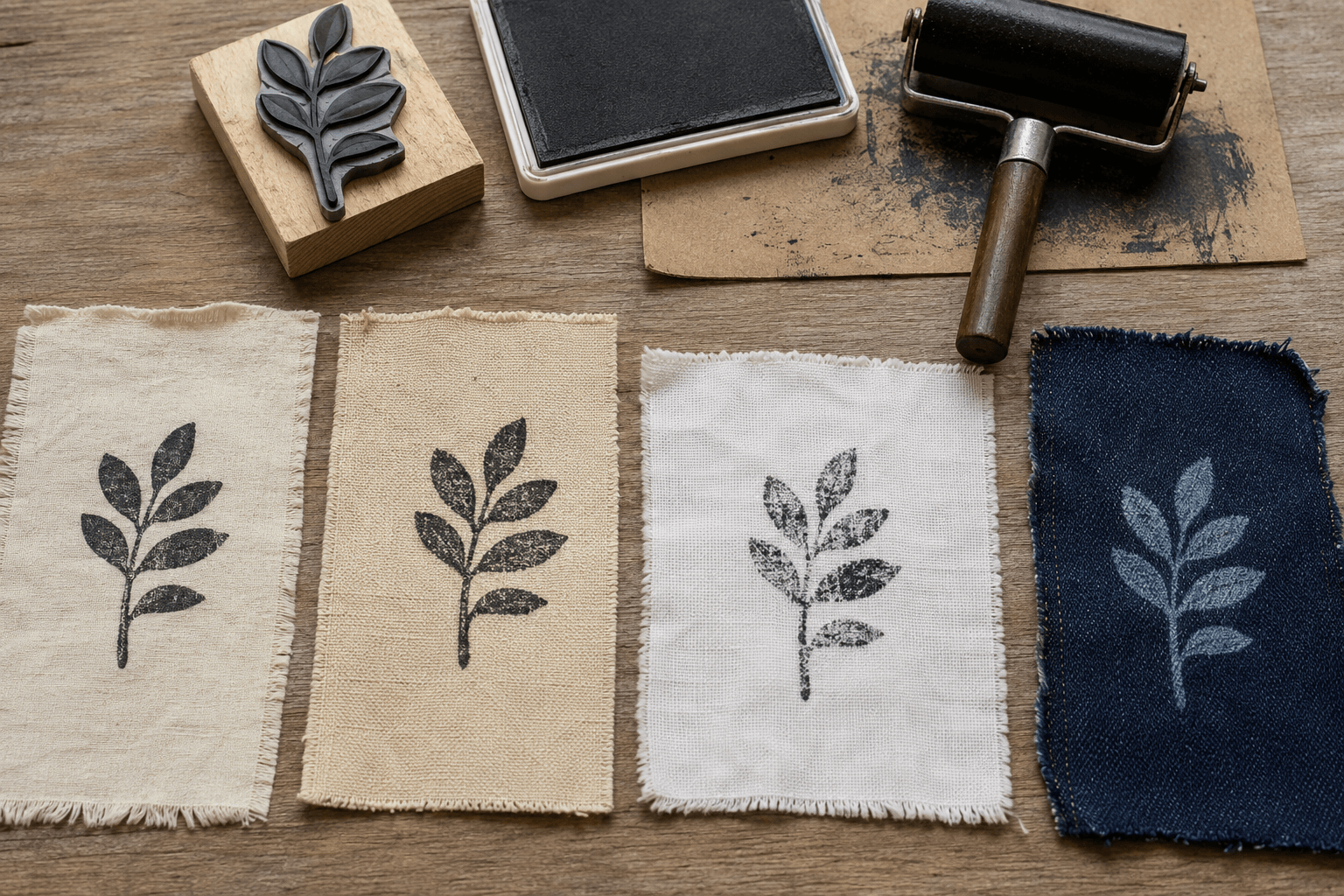 The same leaf stamp tested across muslin, canvas, cotton, and dark denim swatches