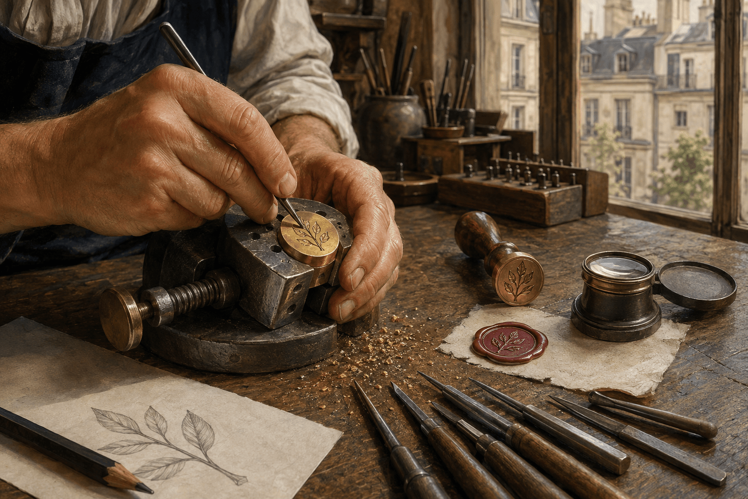 Illustration d'un artisan travaillant une matrice en laiton, avec une empreinte de cire et ses outils sur l'établi