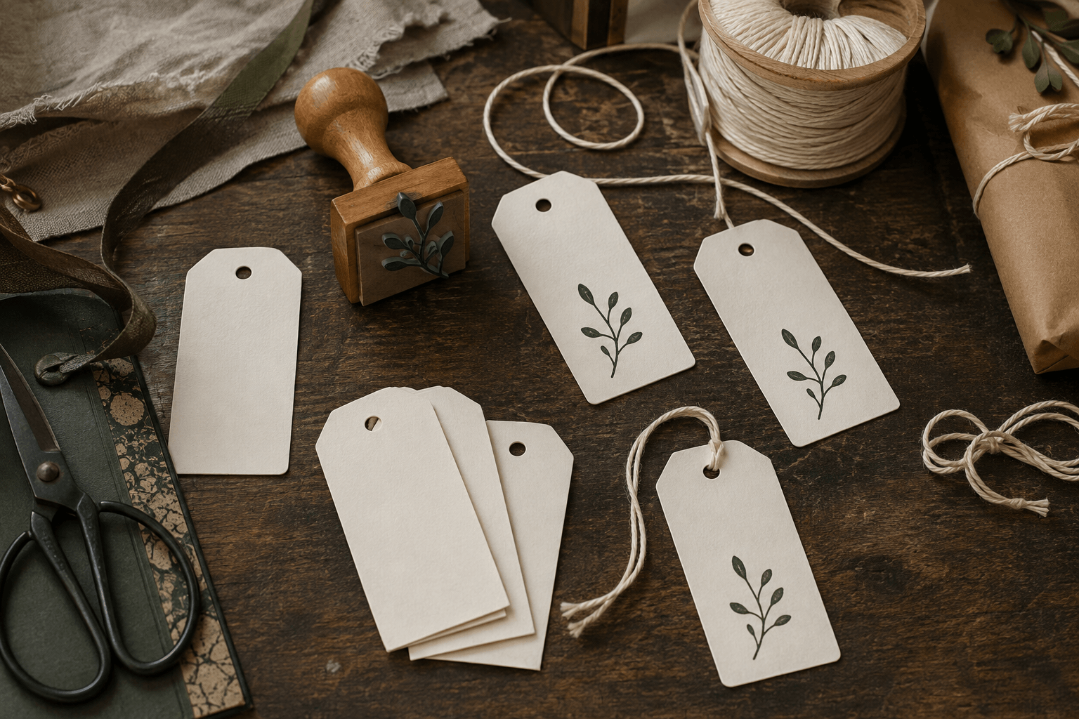Étiquettes ivoire perforées, ficelle et tampon à motif végétal sur une table d’atelier
