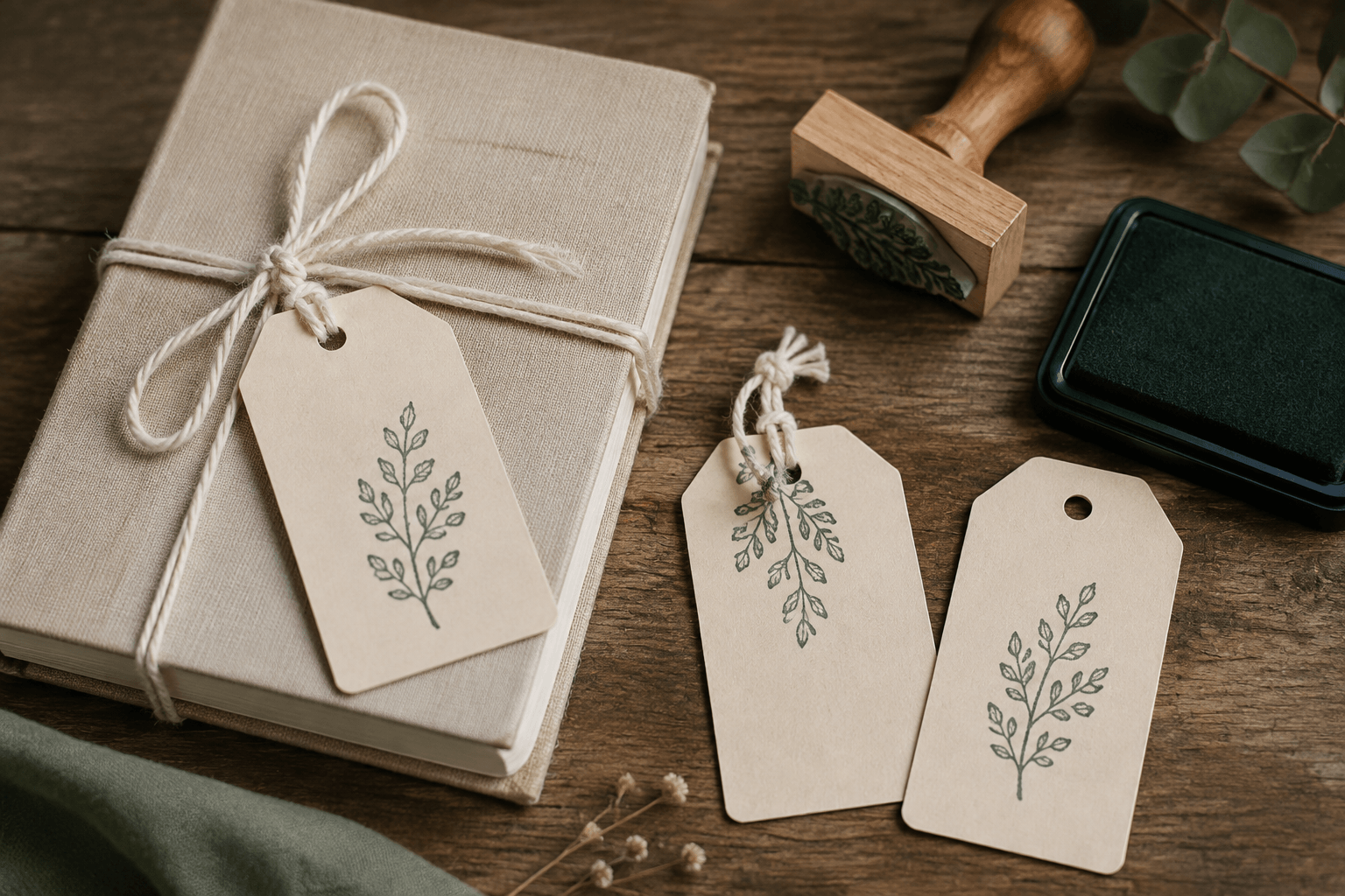 Étiquette nouée à un carnet, avec un motif dégagé du trou et deux essais de placement à côté