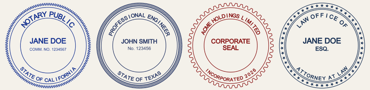 Round seals with classic edges: a serrated notary seal, a rope-edge engineer seal, a gear-edge corporate seal and a star-ring law office seal