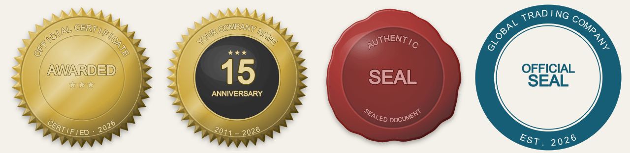 Gold foil certificate seal, gold 15th anniversary seal with a black centre, red wax seal and a solid-band company seal made with the Stampdy seal maker