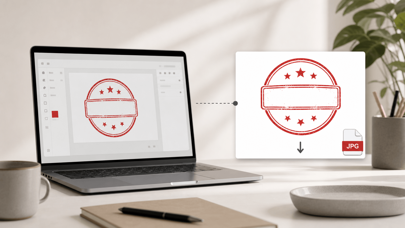 A finished red stamp moving from the editor into a white-background JPG file