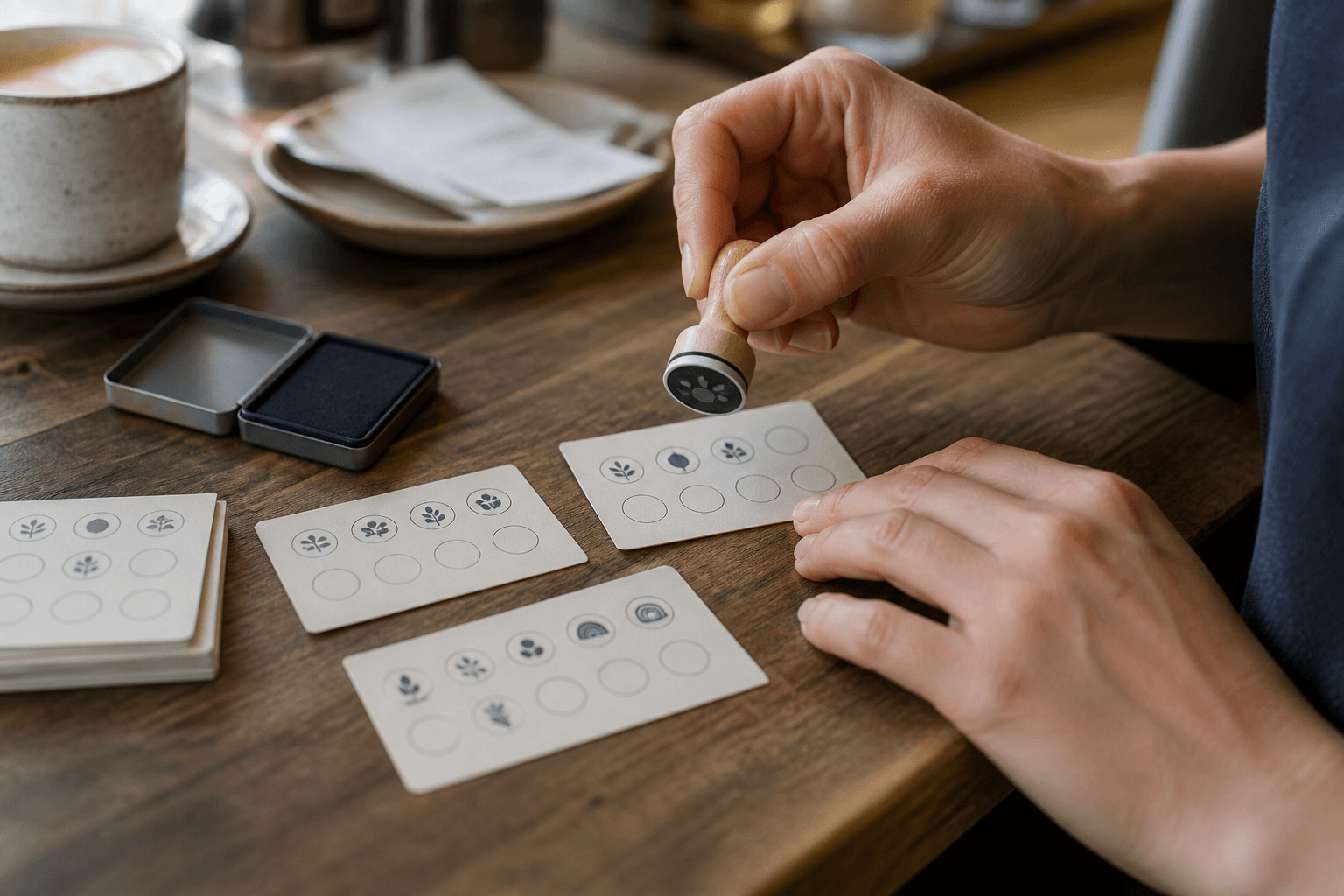 A compact icon rubber stamp being applied to small cafe loyalty cards