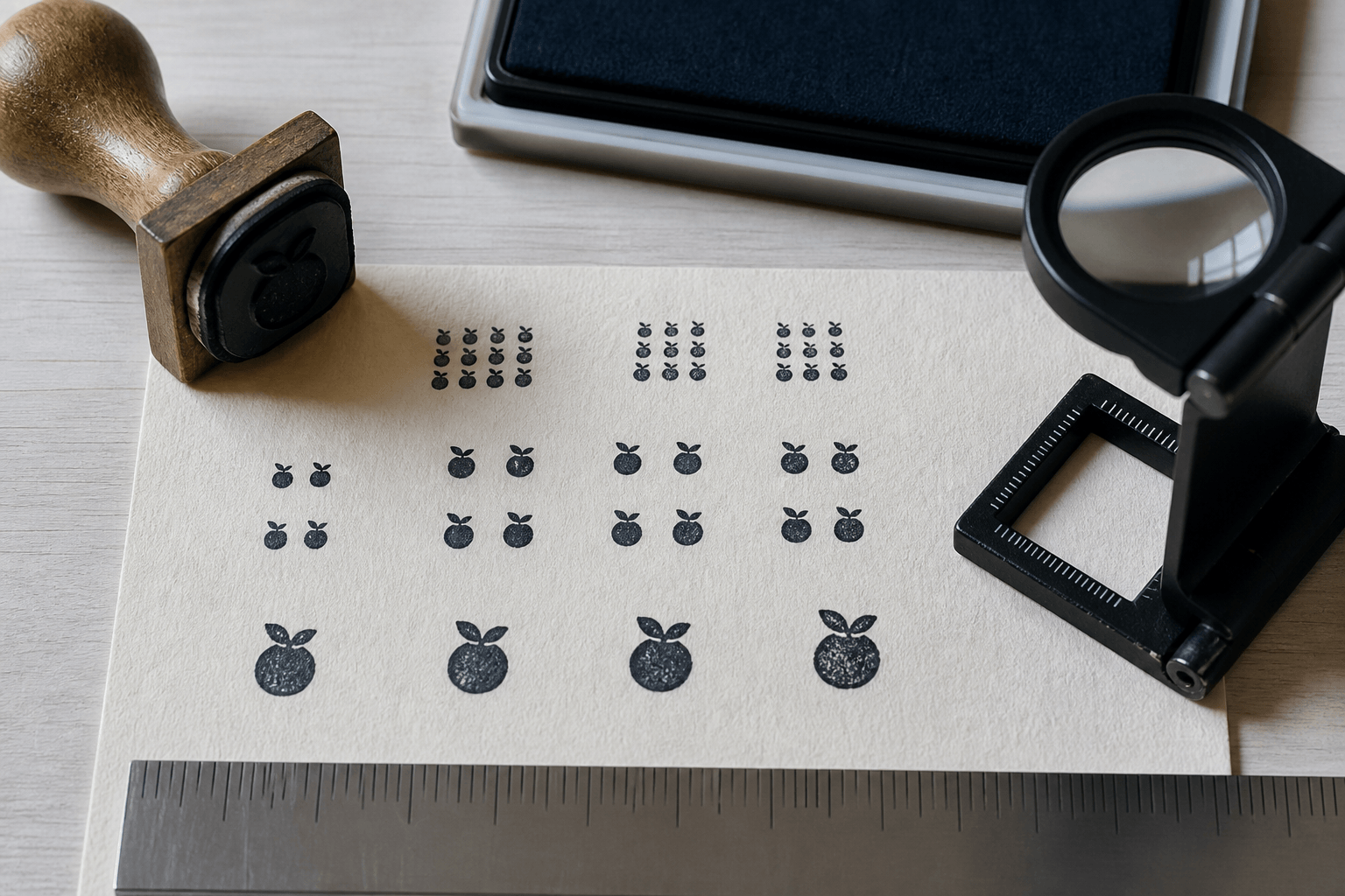 Macro proof sheet comparing tiny stamp icons at several sizes and spacings