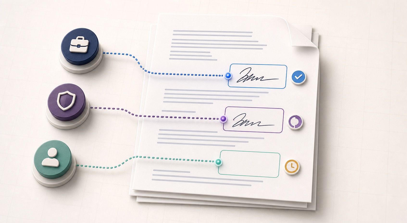 Editorial illustration mapping three signer roles to separate fields and completion states on one PDF