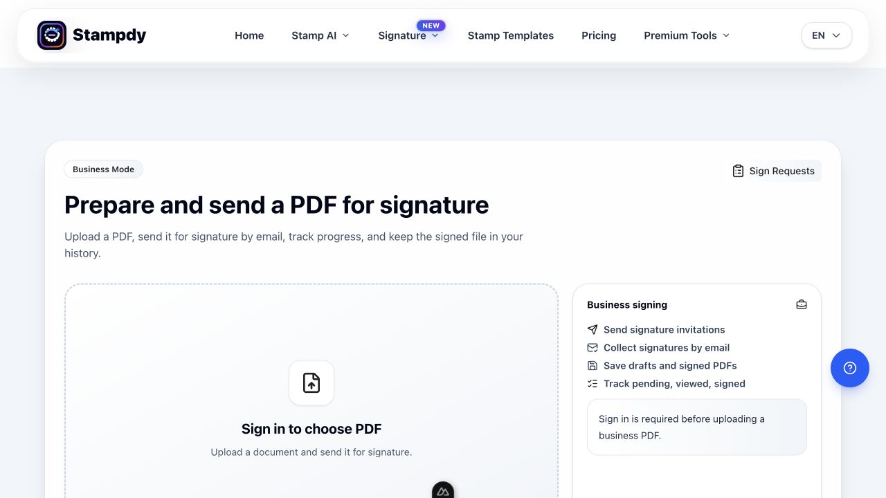 Stampdy Business Mode ready to accept a PDF and start an email-based signing workflow