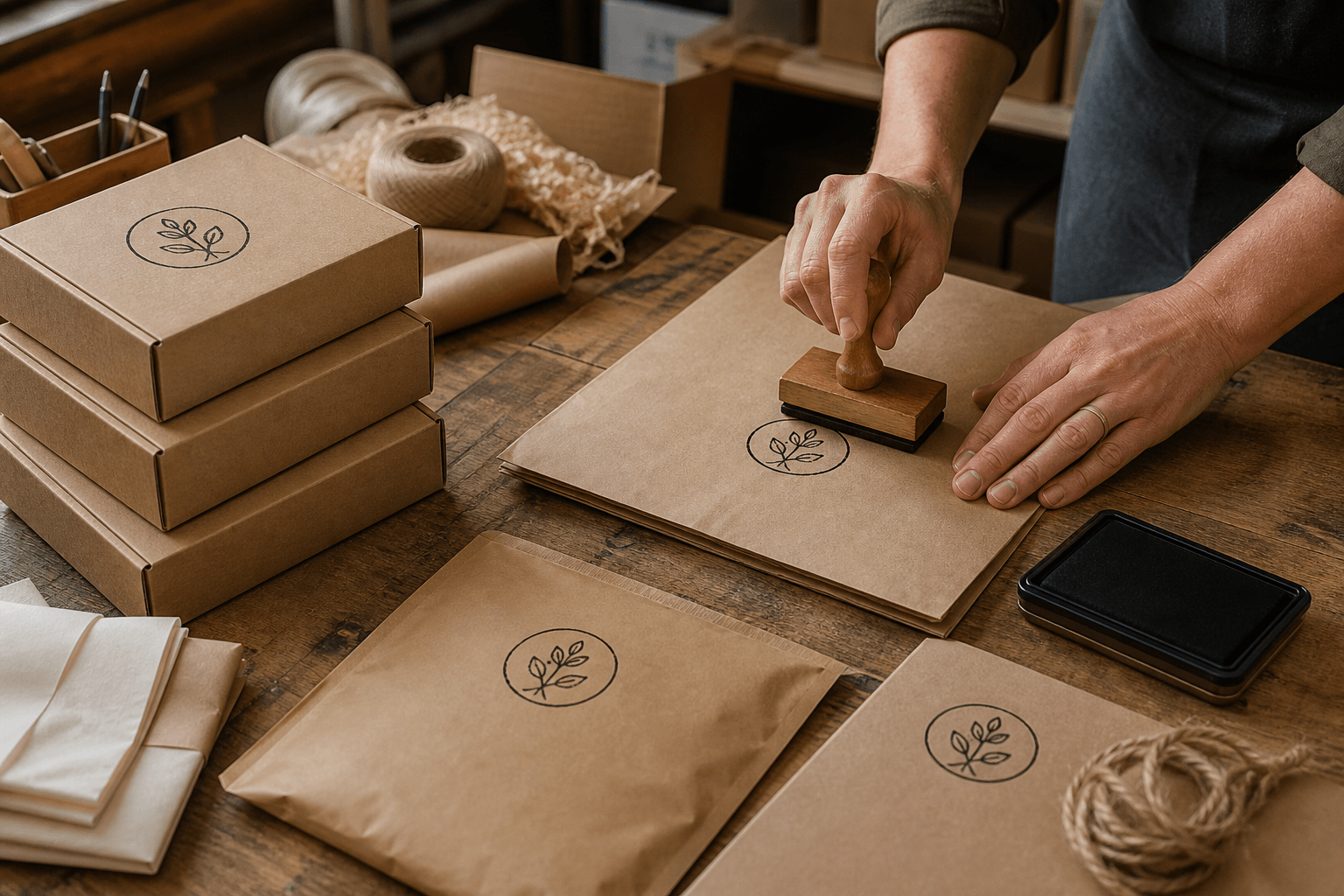 Hands applying a simple one-color rubber stamp to kraft mailers and boxes