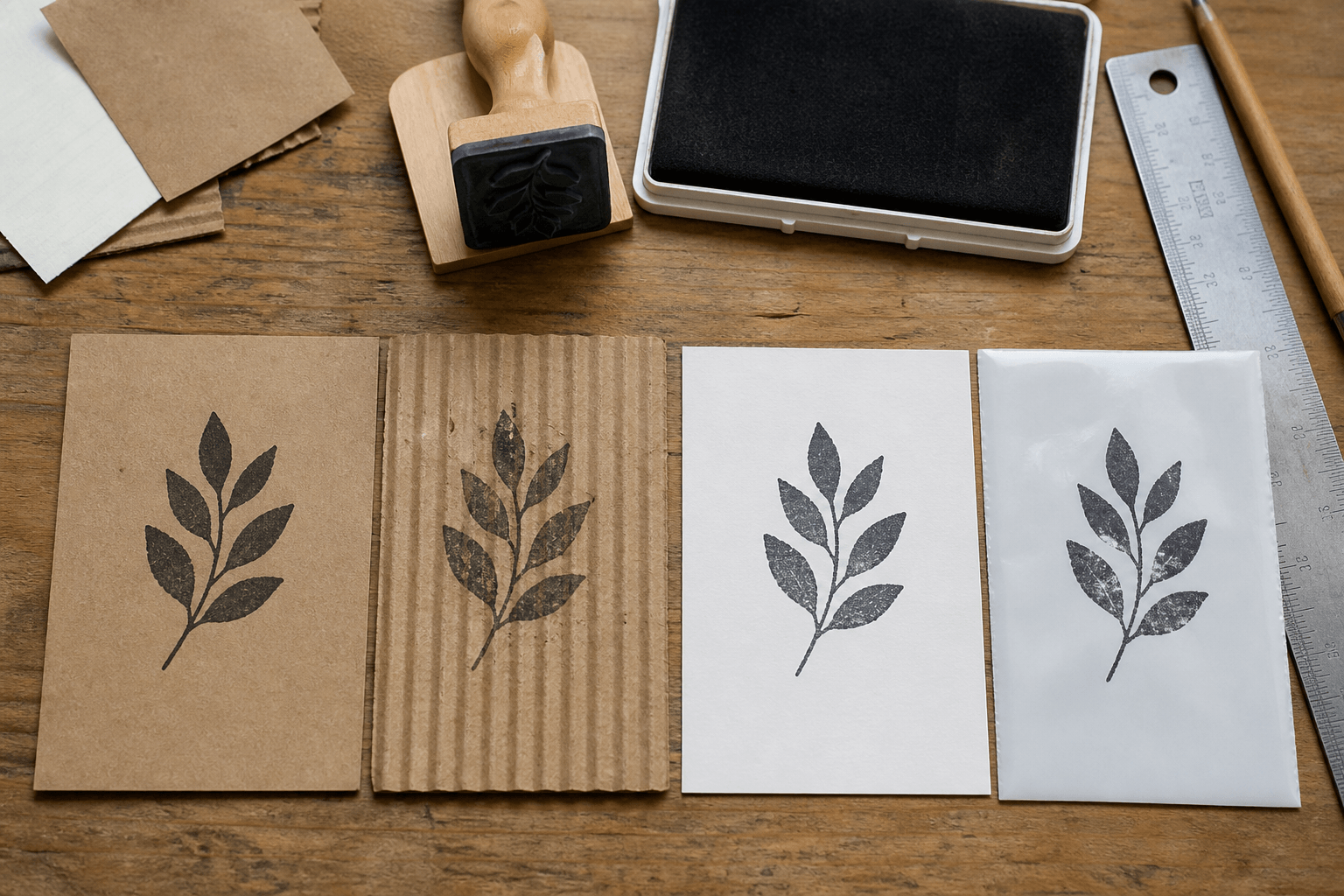 The same leaf stamp tested across kraft, corrugated, white, and coated packaging materials