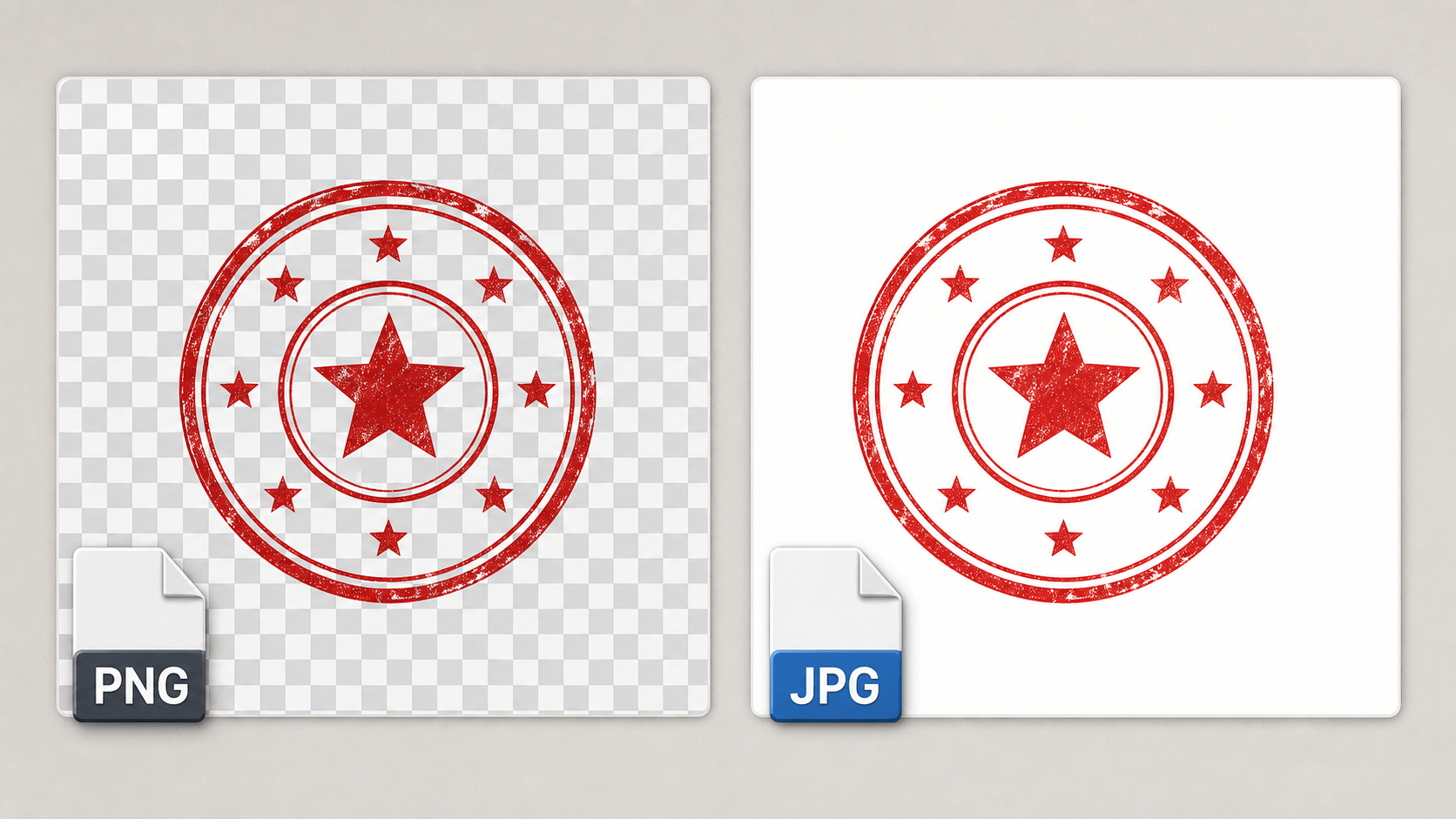 The same red stamp shown on a transparent PNG canvas and a solid white JPG canvas