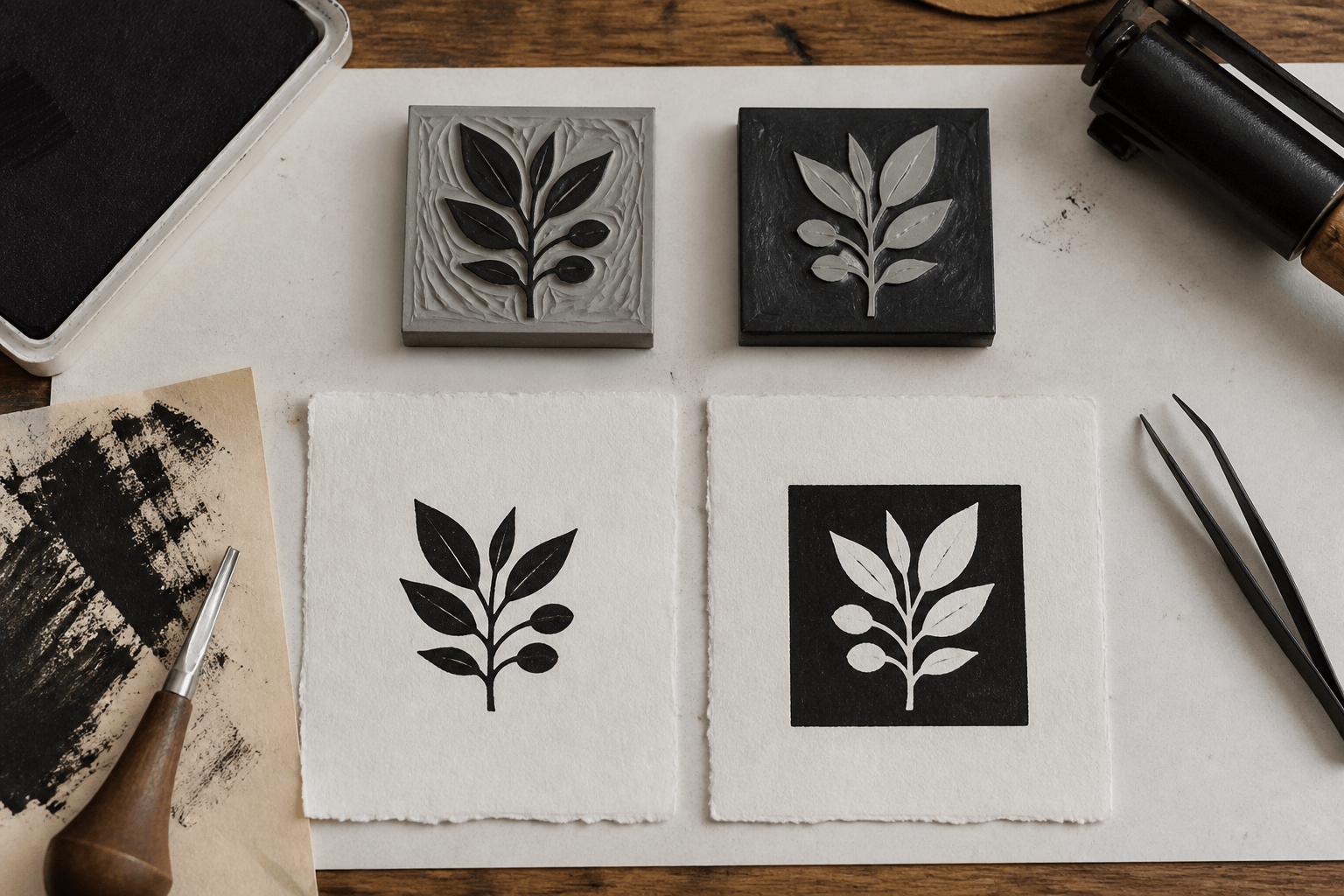 Positive leaf impression beside the same subject reversed from a solid ink field