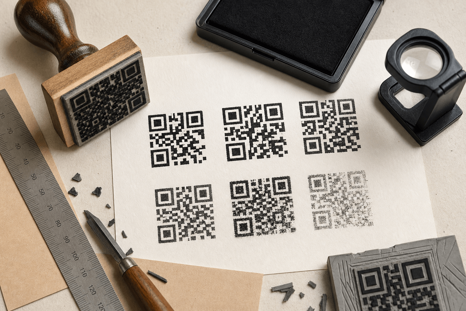 QR-like rubber stamp impressions compared for edge clarity and ink coverage