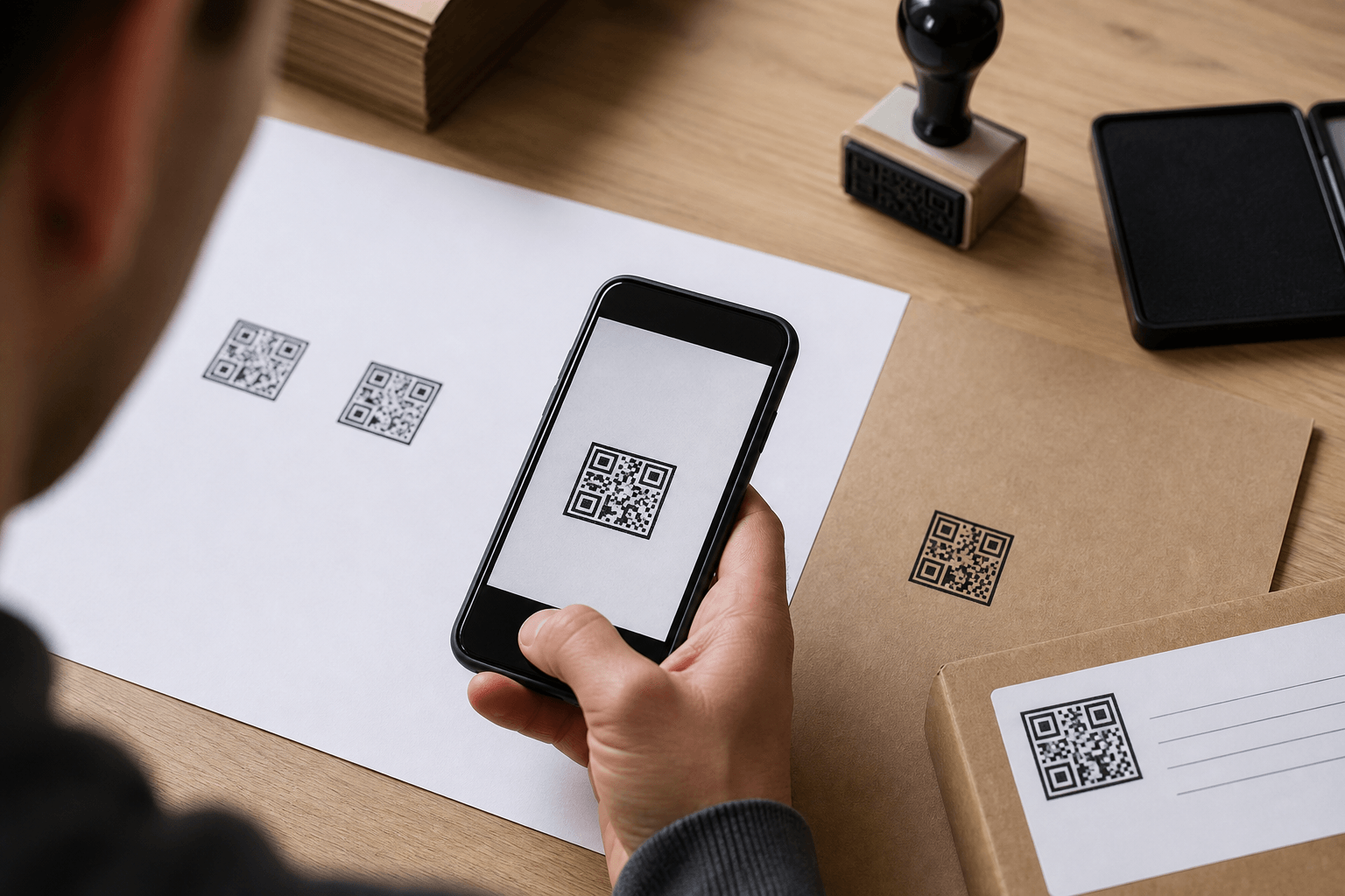 Phone camera testing QR-like stamp impressions on white paper and kraft packaging