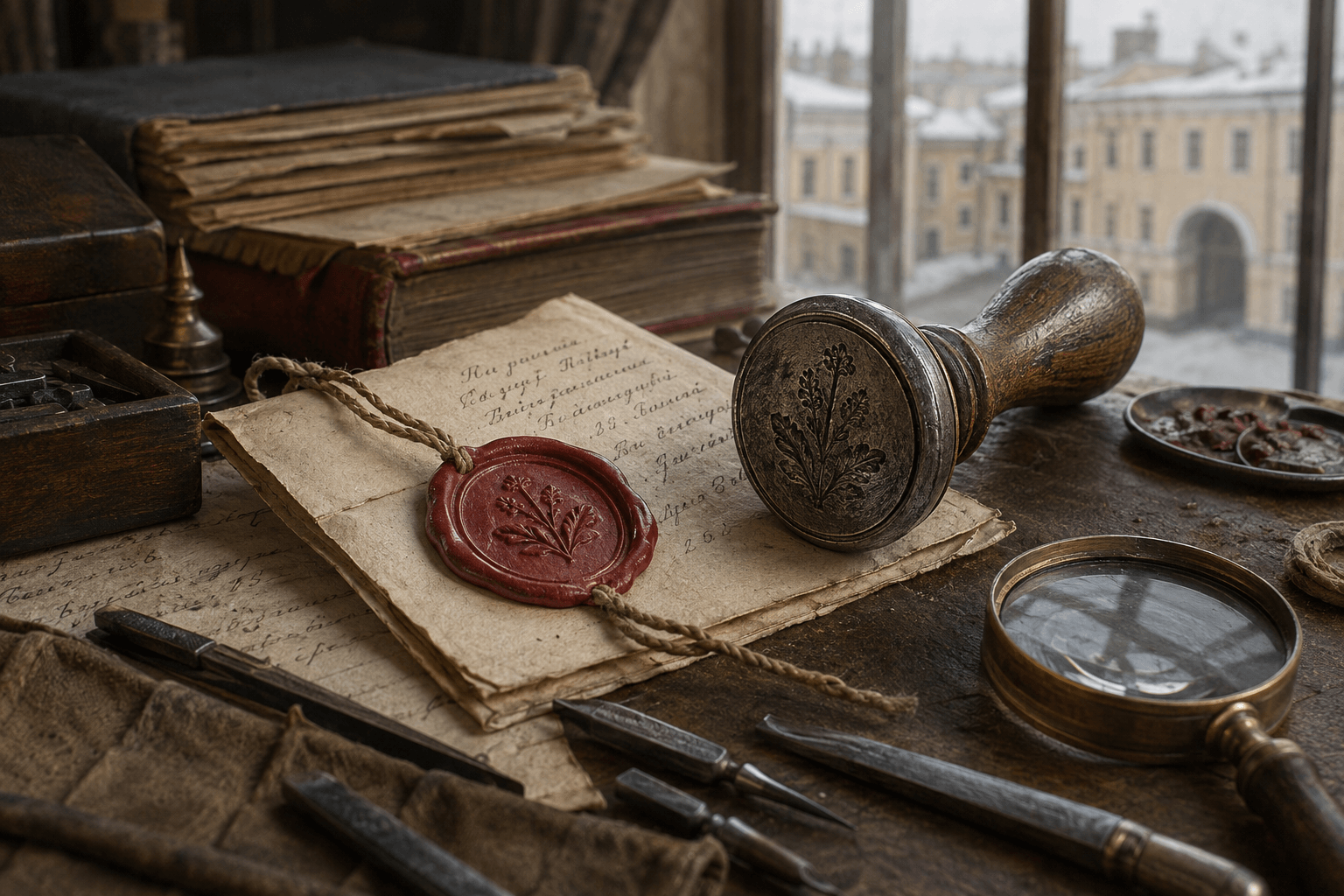 Иллюстрация металлической матрицы, сургучного оттиска и старых документов в российском архивном интерьере