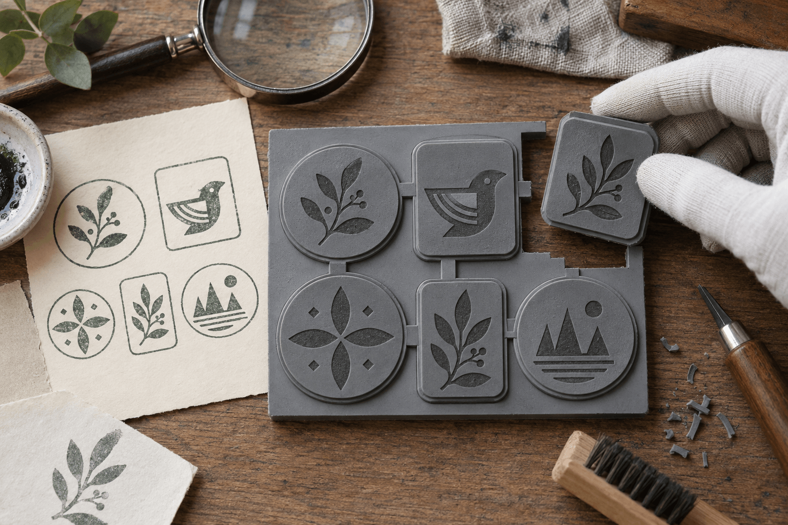 Conceptual workshop illustration of several rubber stamp plates arranged within a production sheet