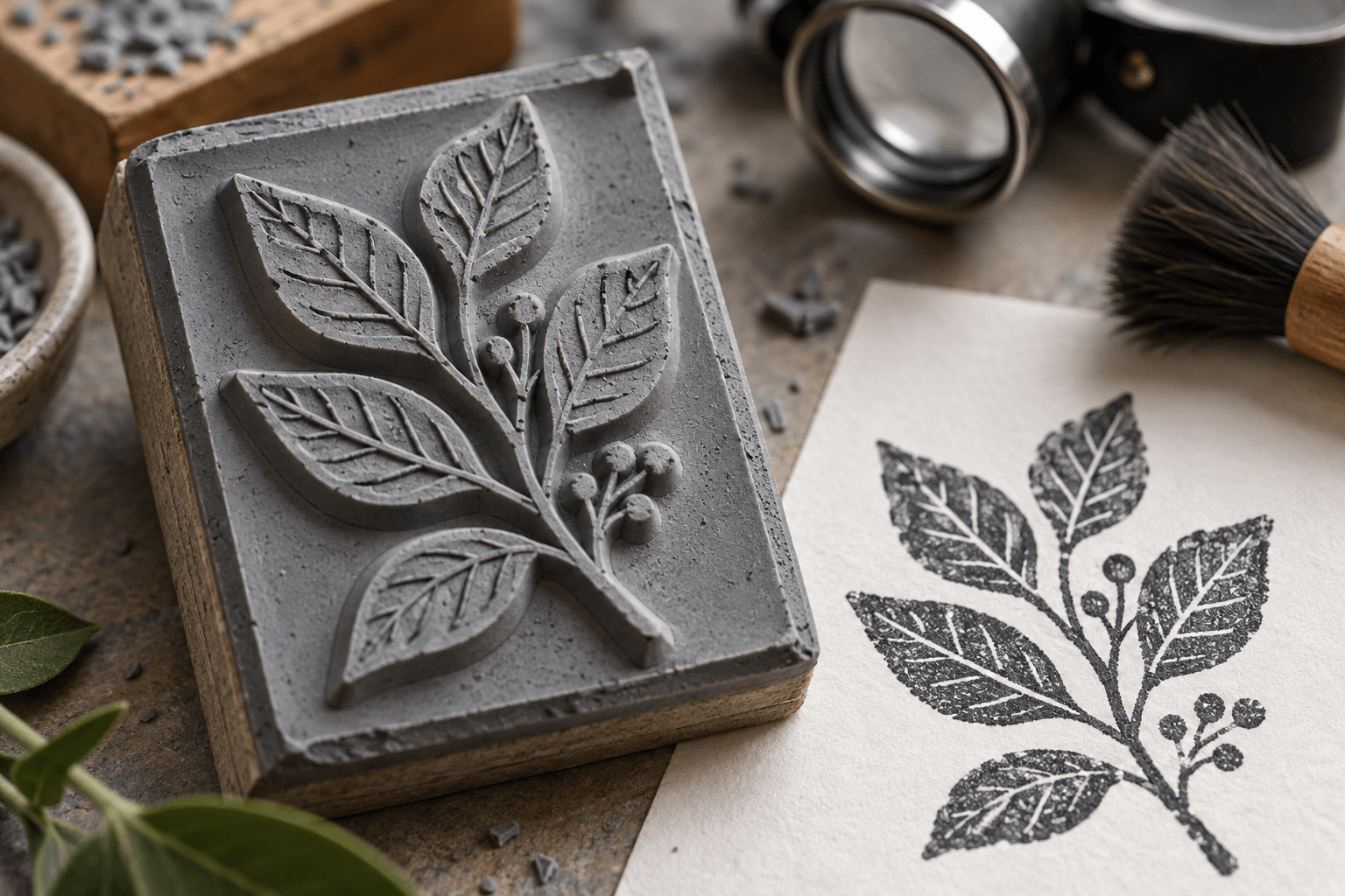 Macro illustration of a raised botanical rubber stamp plate beside a corresponding ink impression