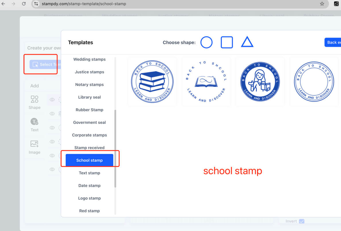 the stampdy editor modal open school stamp list
