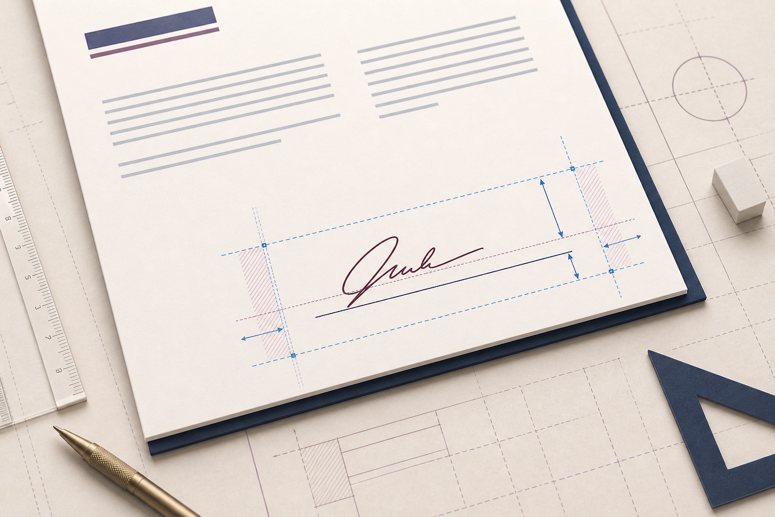 Editorial close-up of a signature aligned to a document line with measured margins and placement guides