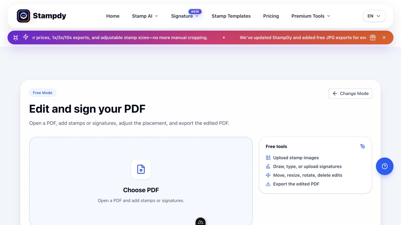Stampdy free PDF workspace for uploading a document and adding, moving, resizing, or rotating signatures