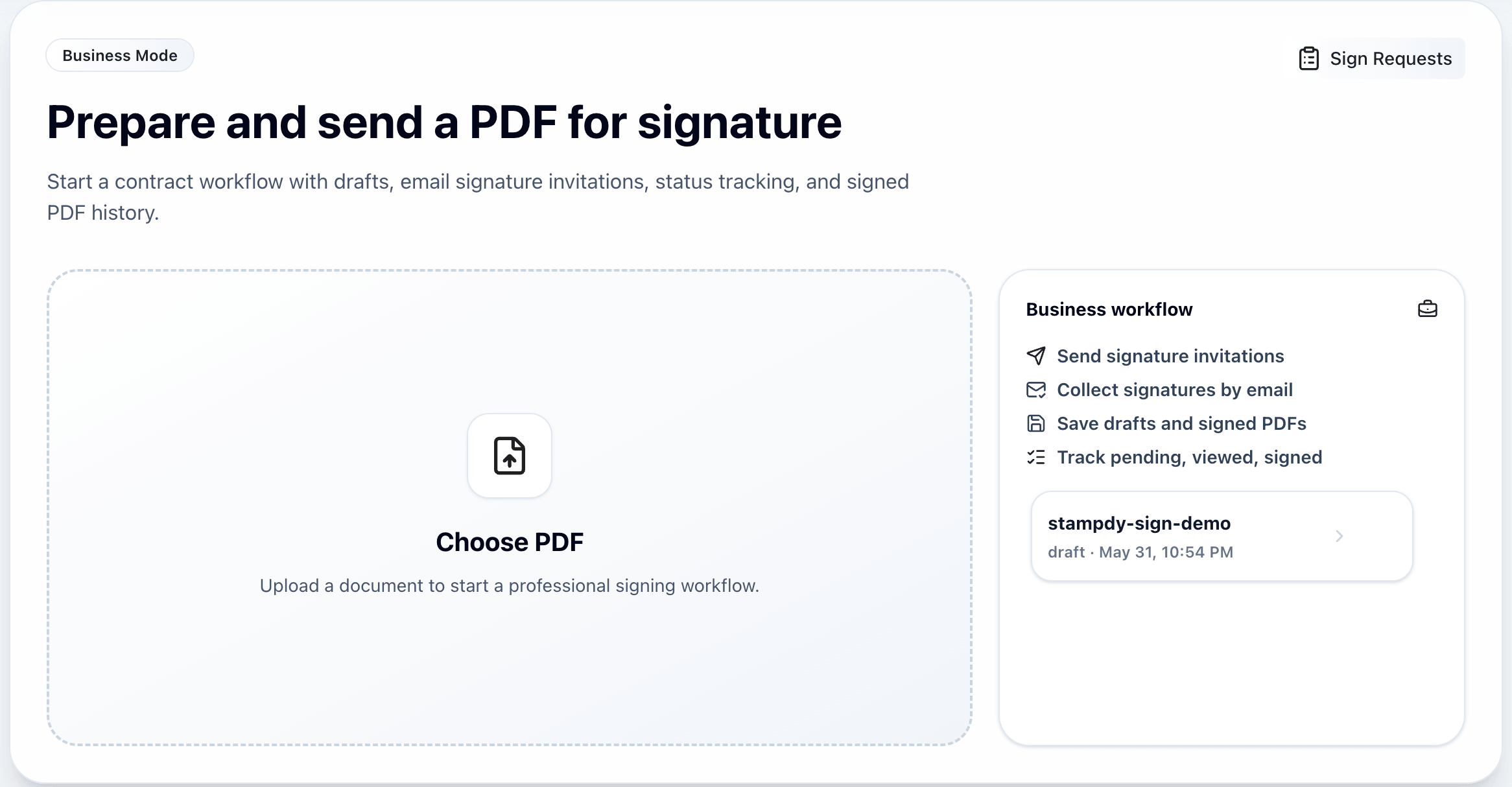 Stampdy Business Mode upload screen for starting an electronic signature PDF workflow
