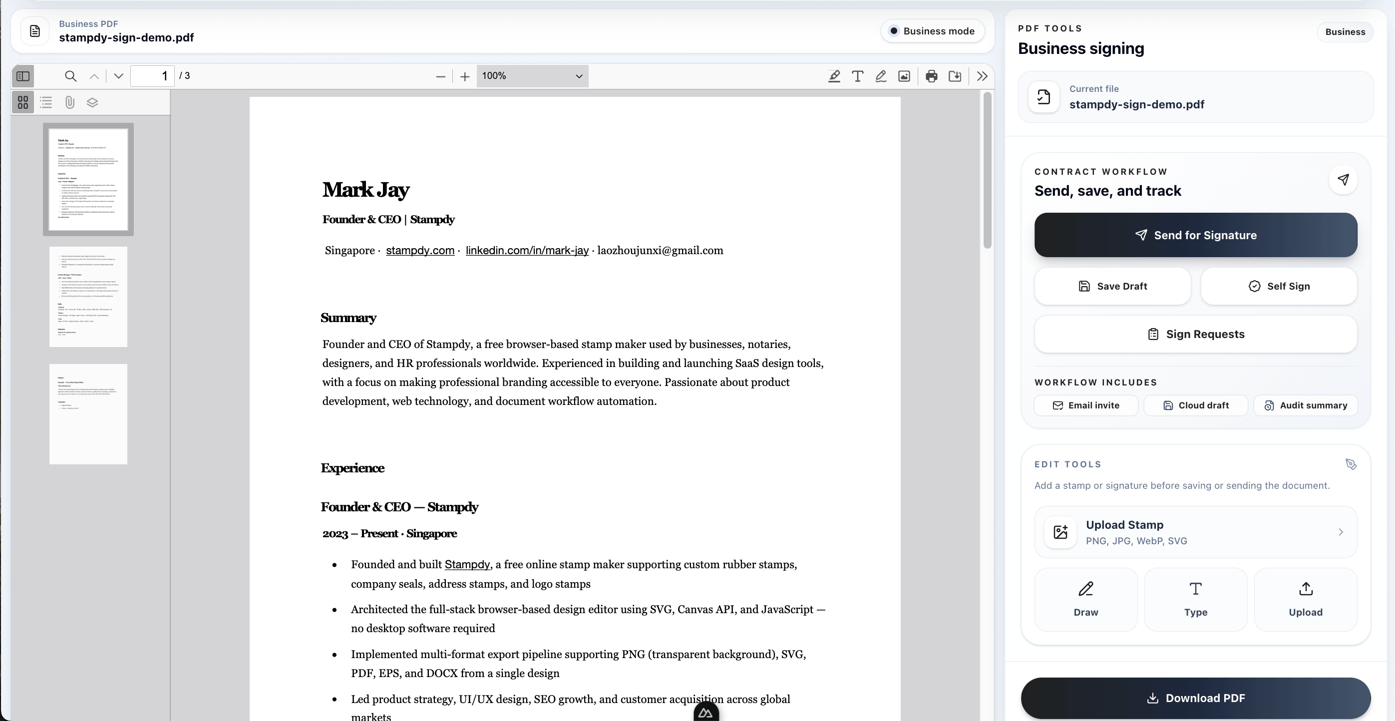 Stampdy PDF editor showing stamp and signature tools