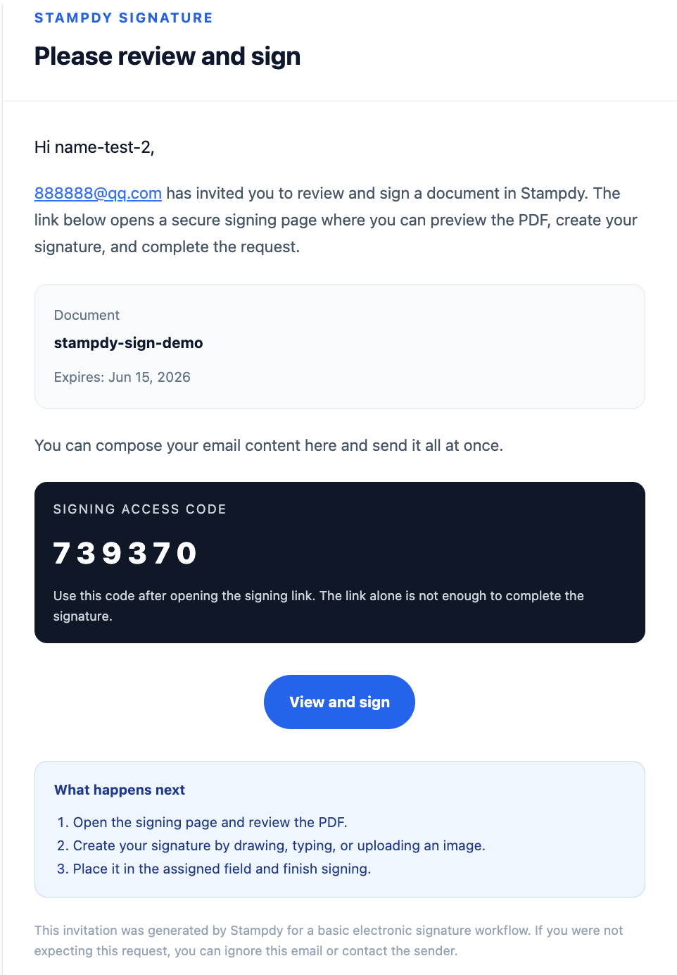 Receiving email and verification code in a signature flow