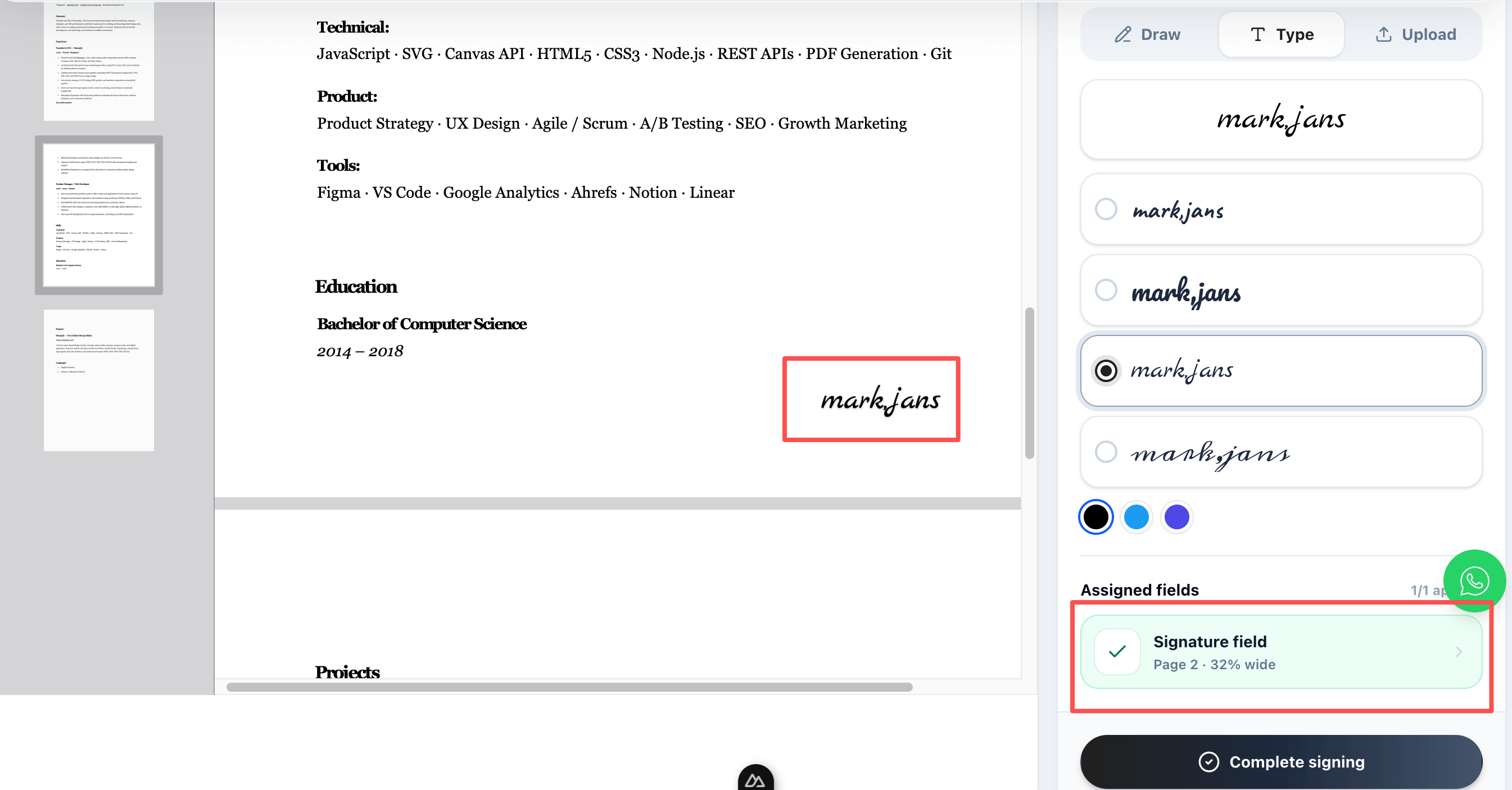 Choosing and applying a signature to an assigned PDF field
