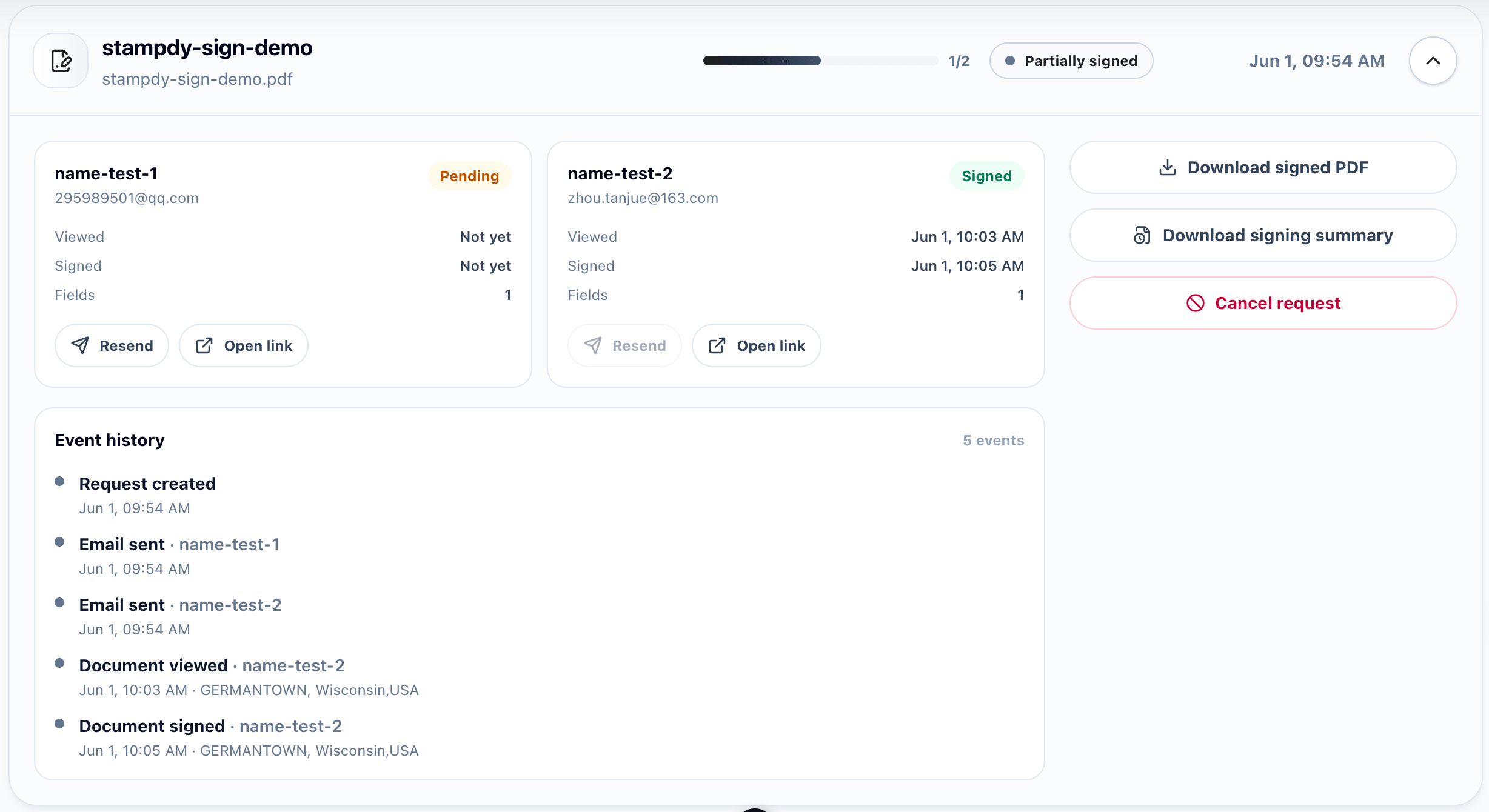 Track electronic signature request status
