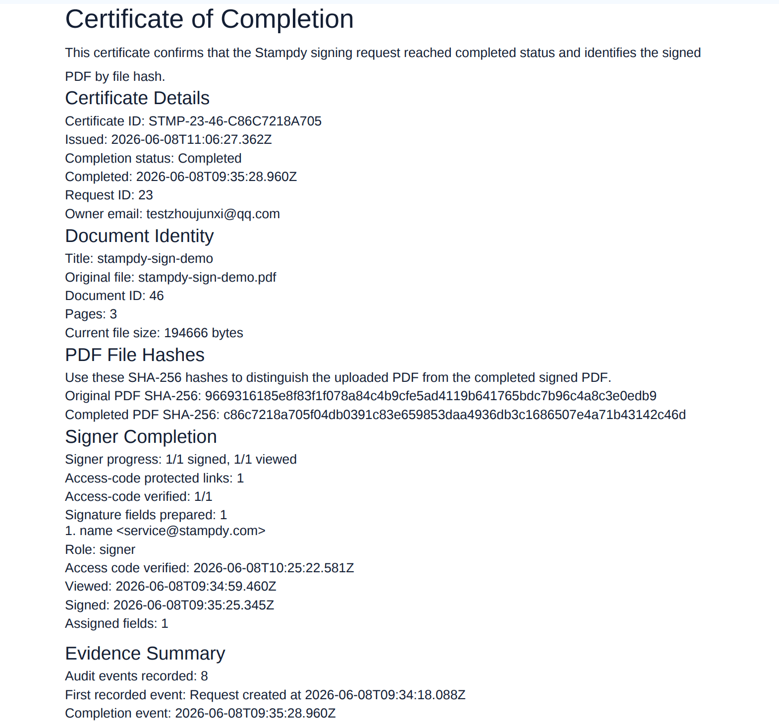 Electronic signature certificate for the completed document record