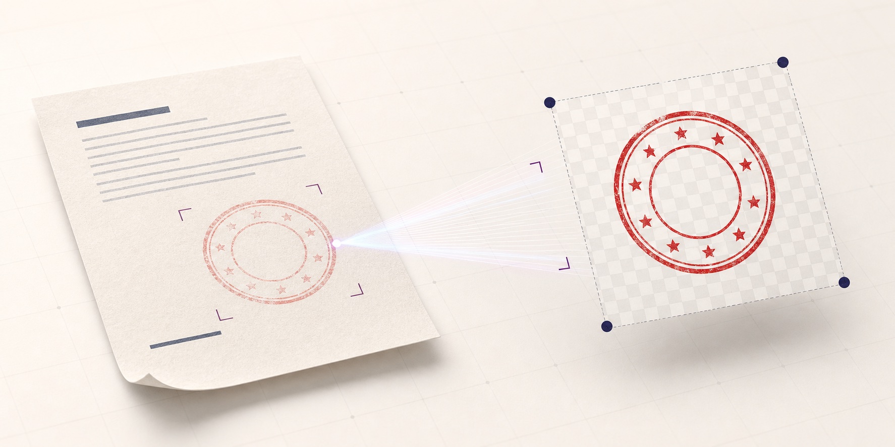 Editorial illustration showing a faded document stamp becoming a clean isolated digital asset
