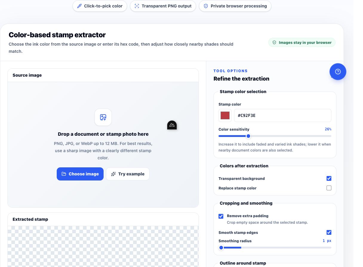 Stampdy extraction workspace with source upload, color sensitivity, transparency, and edge controls