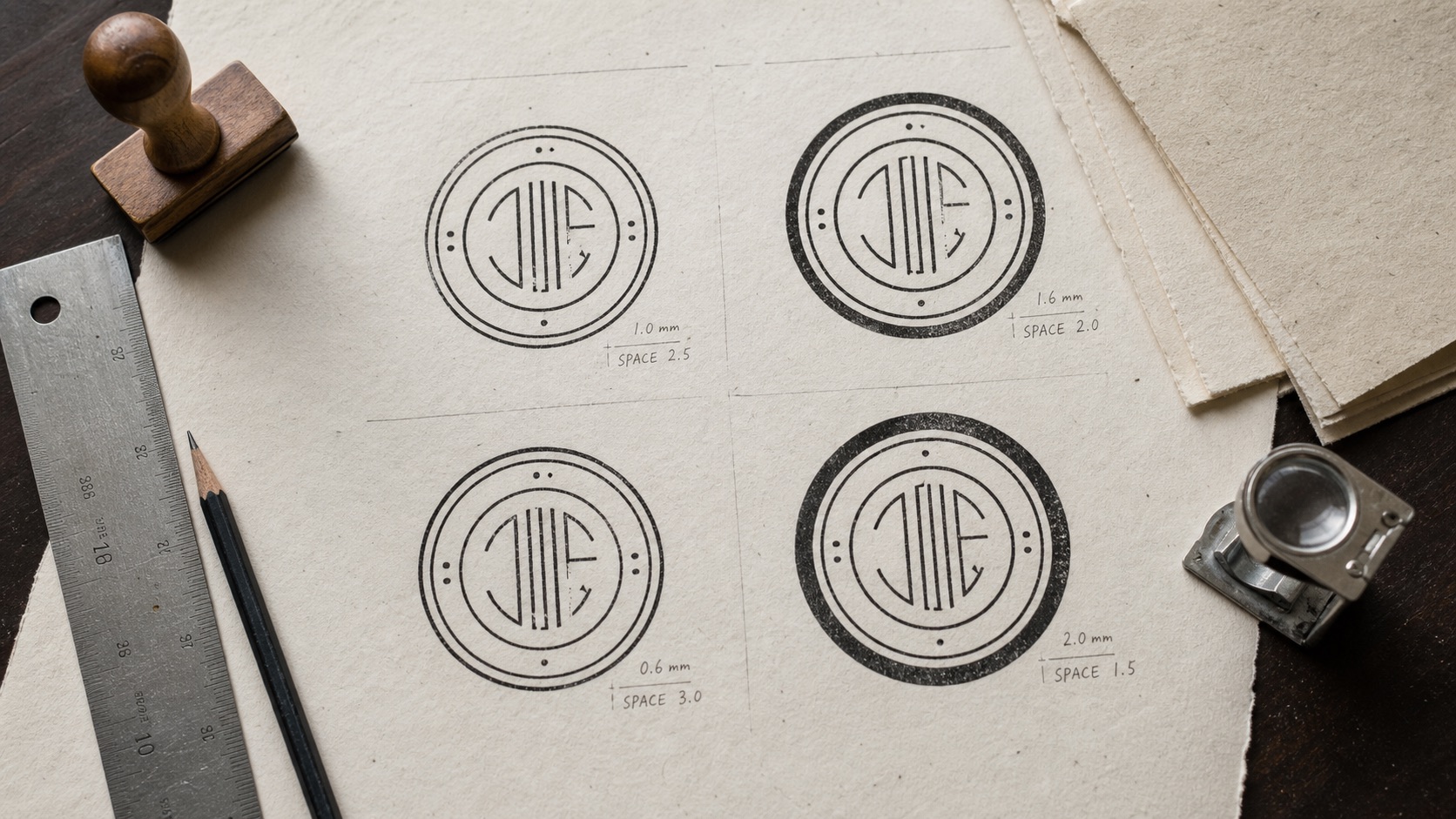 Printed round stamp proofs showing different border weights and spacing choices on a designer's desk