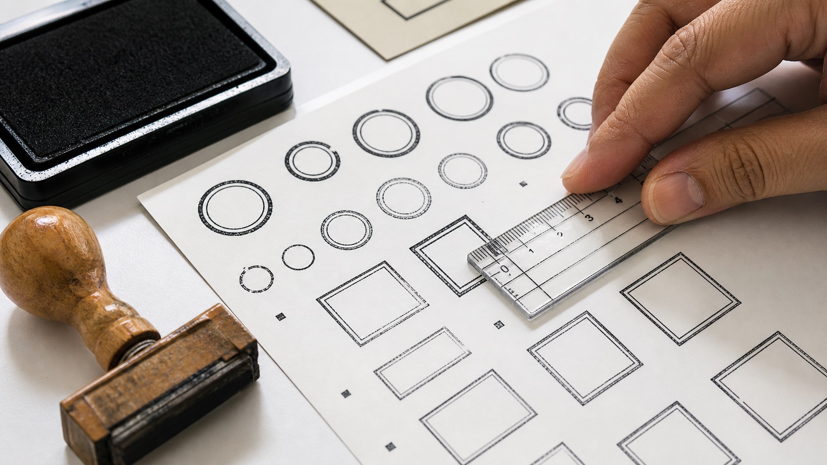 A hand using a ruler to inspect round and rectangular stamp impressions at several output sizes