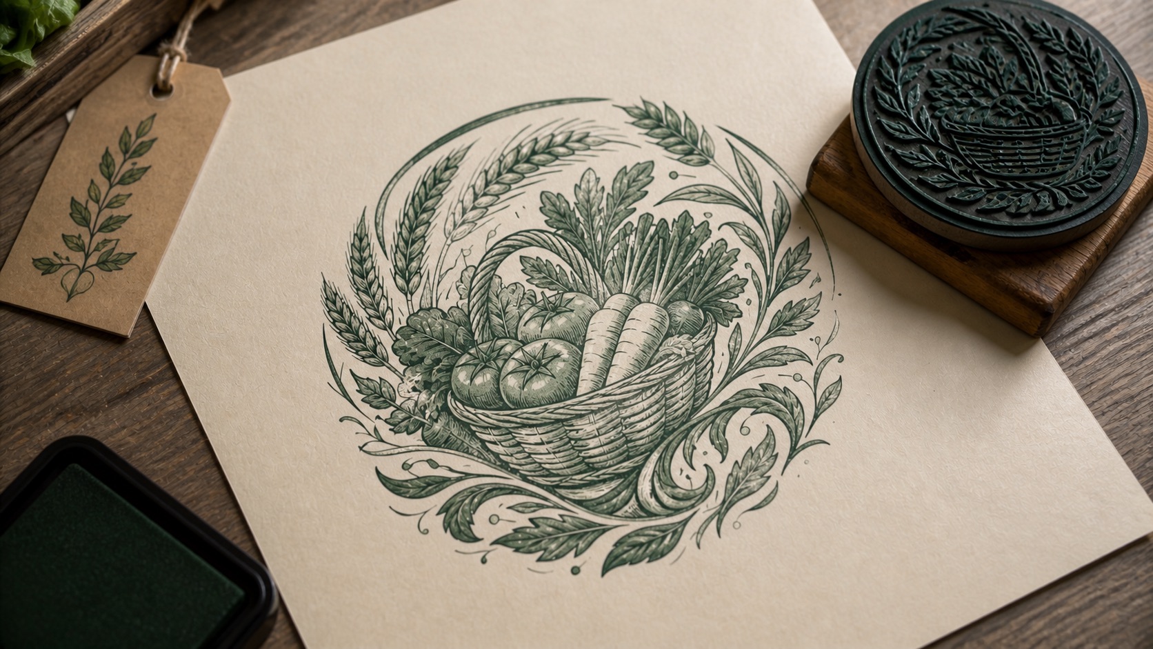 The matching basket-and-produce emblem simplified into a green one-color stamp impression