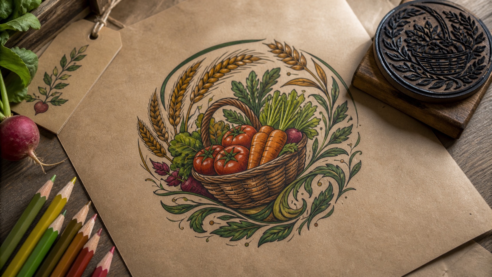 A detailed color produce-market emblem on kraft paper used as the source for image-first conversion