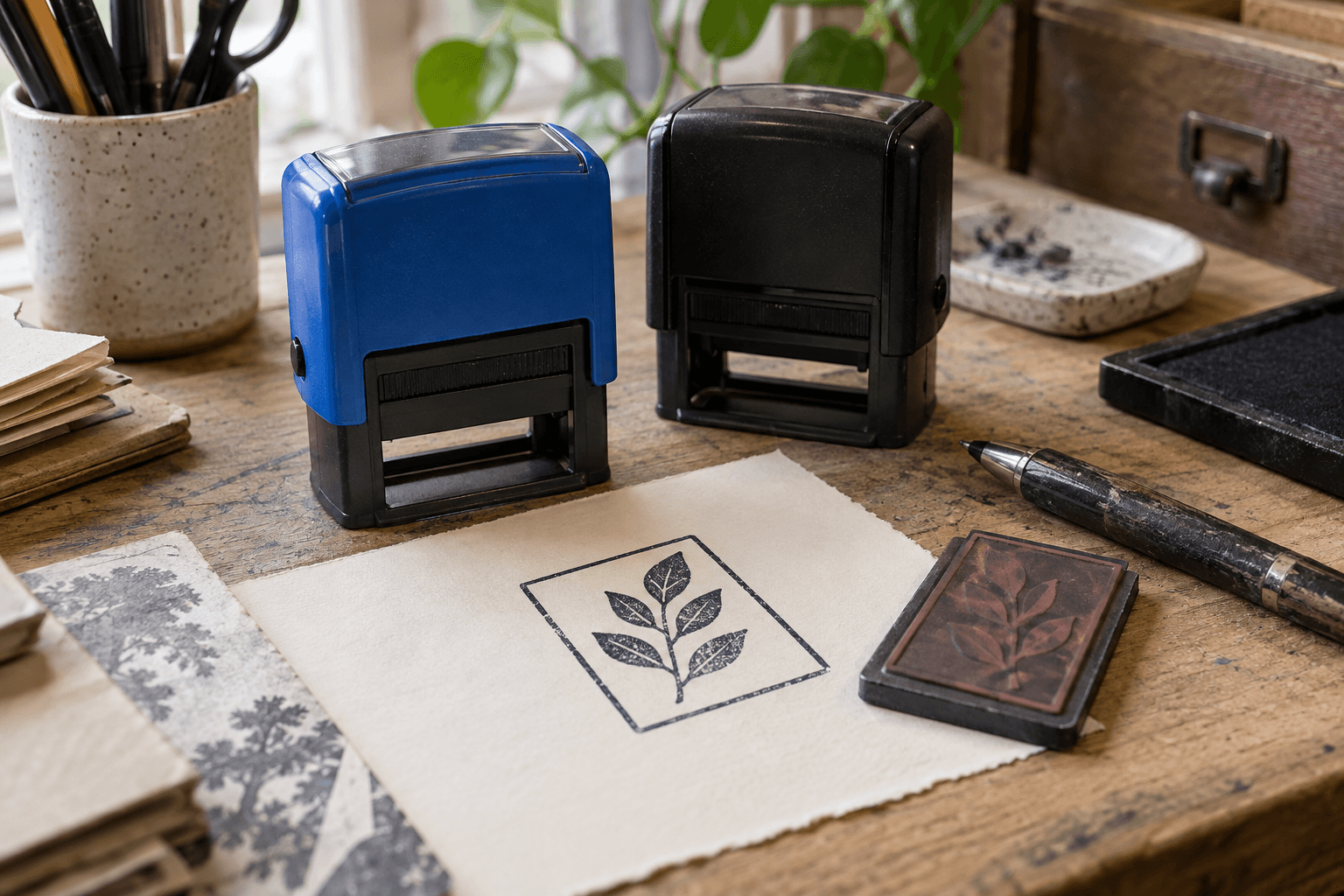 Blue and black unbranded stamp housings beside a leaf impression and a separate rubber plate