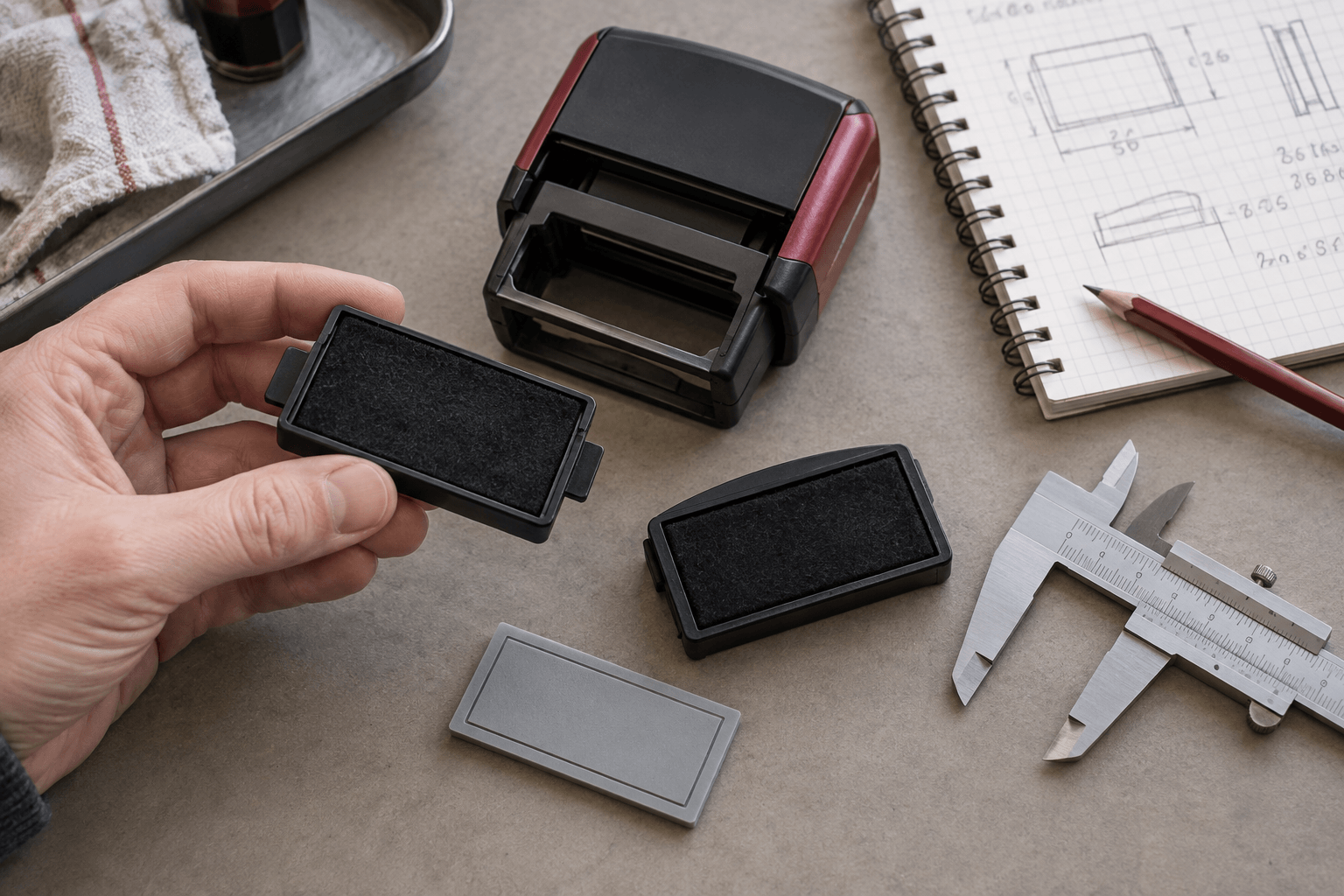 A hand comparing generic replacement ink-pad cartridges beside a stamp housing and calipers