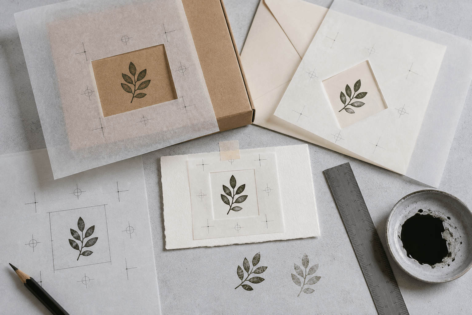 Tracing-paper stamp proofs aligned on a kraft box, envelope, and small card