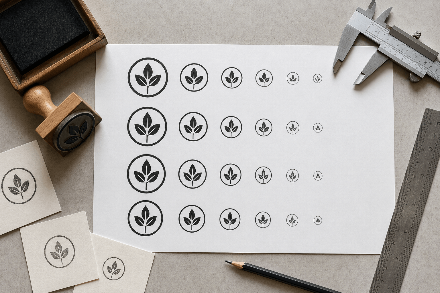 Top-down stamp proof sheet comparing one leaf emblem across sizes and line weights